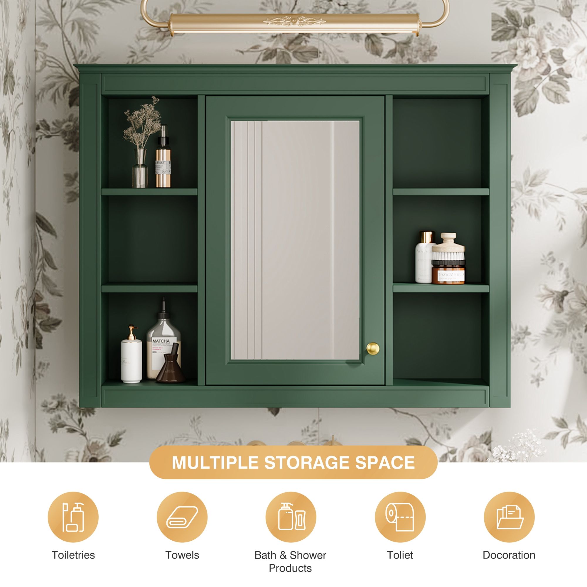Wall Mounted Medicine Cabinet With Mirror, Storage Cabinet Featuring 6 Open Shelves And Adjustable Interior