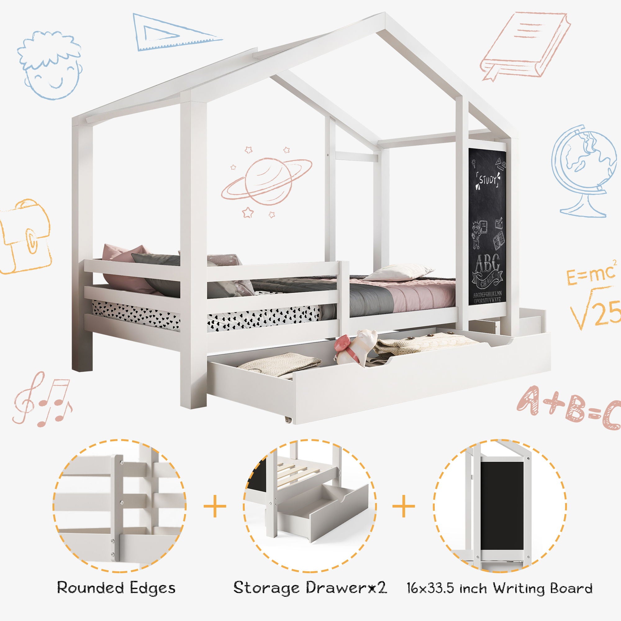 Twin House Bed With Blackboard And Drawers, 2 Assembly Options - White
