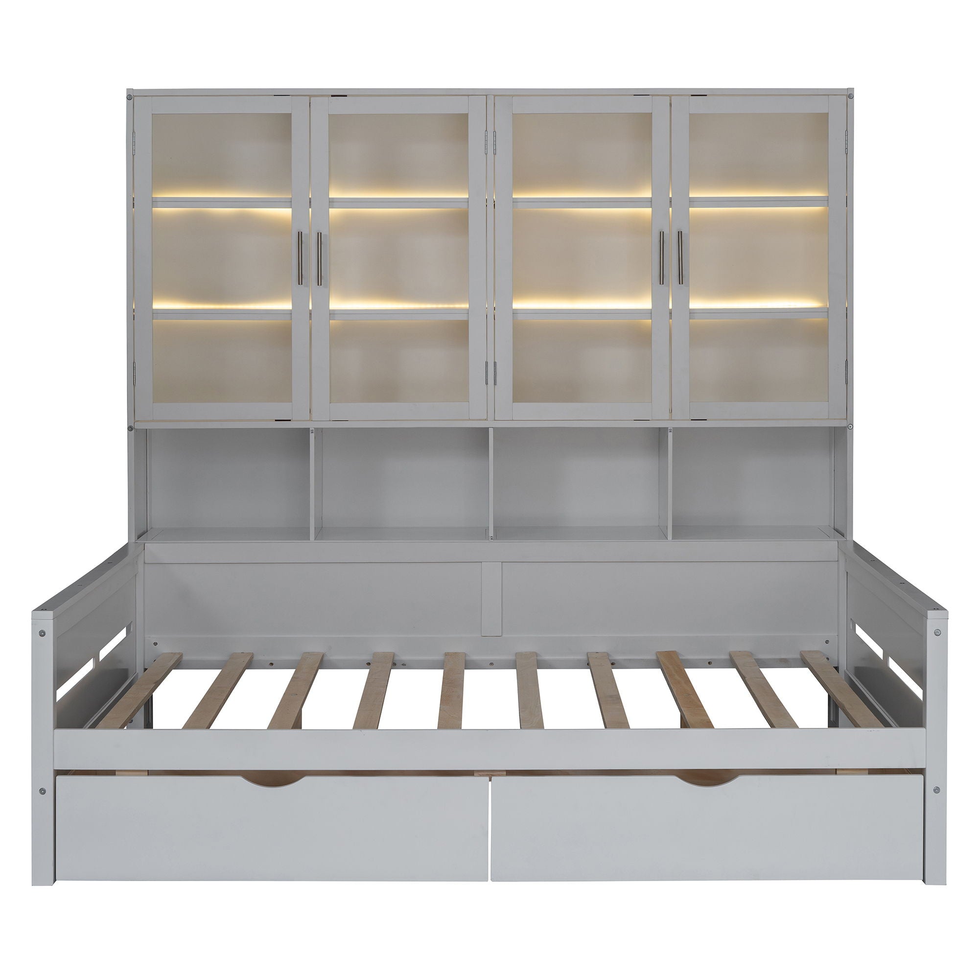 Daybed With Glass Door Storage Cabinets, Built In LED Lighting And Shelves
