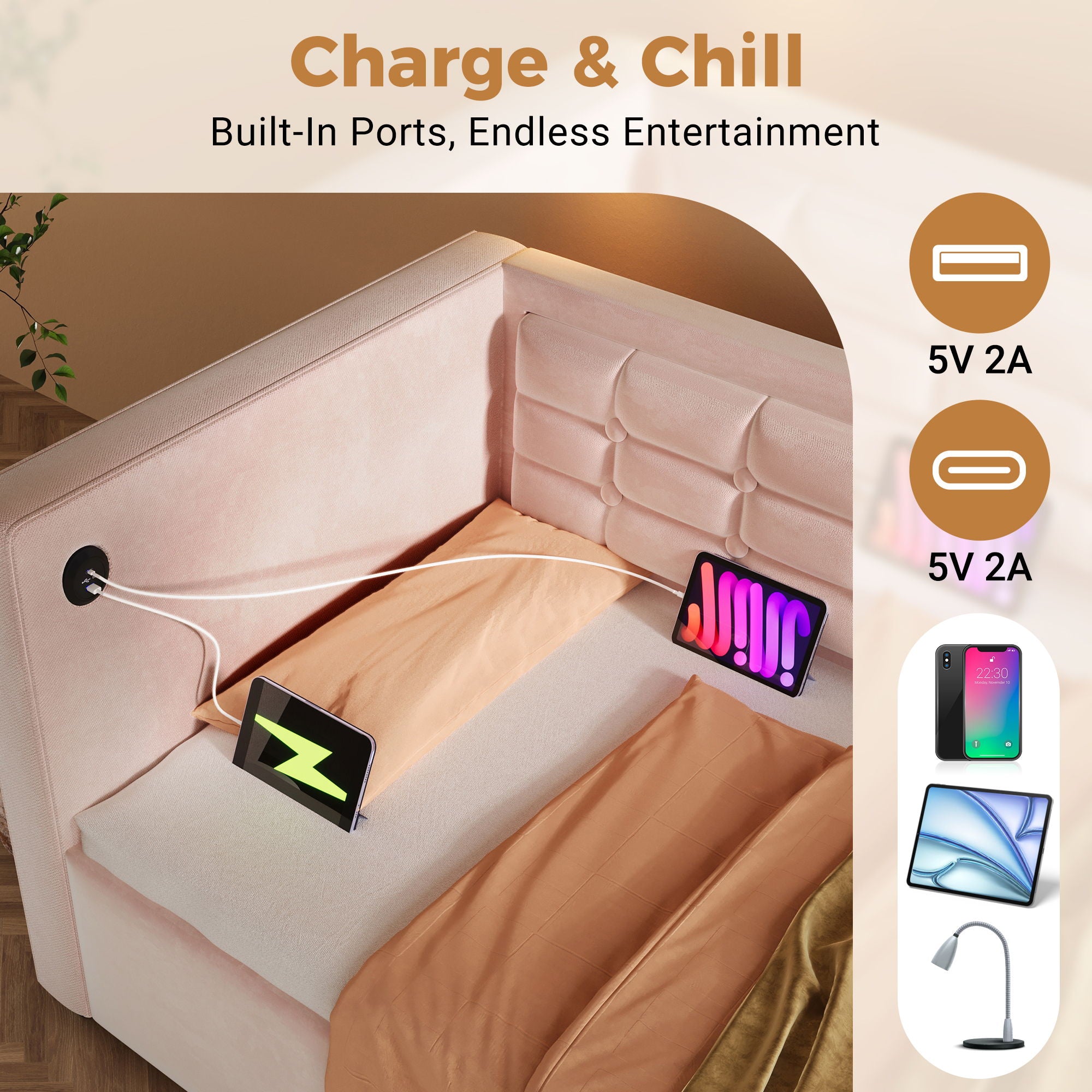Upholstered Hydraulic Storage Daybed With USB & Type C Charging