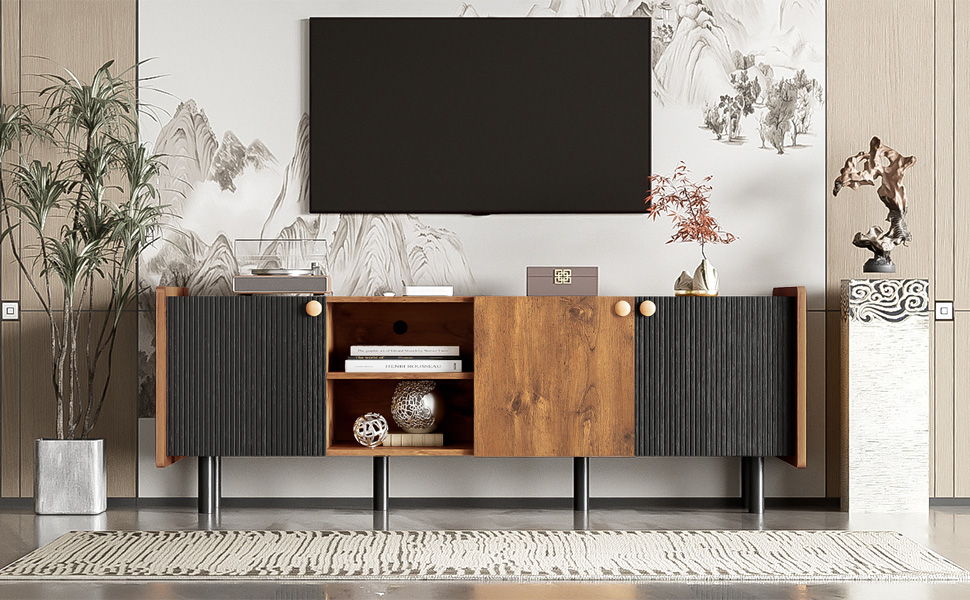 Mid Century TV Stand & 3 Cabinets, Media Console Table For Tvs Up To 70'', Entertainment Center With Storage For Living Room - Black / Brown