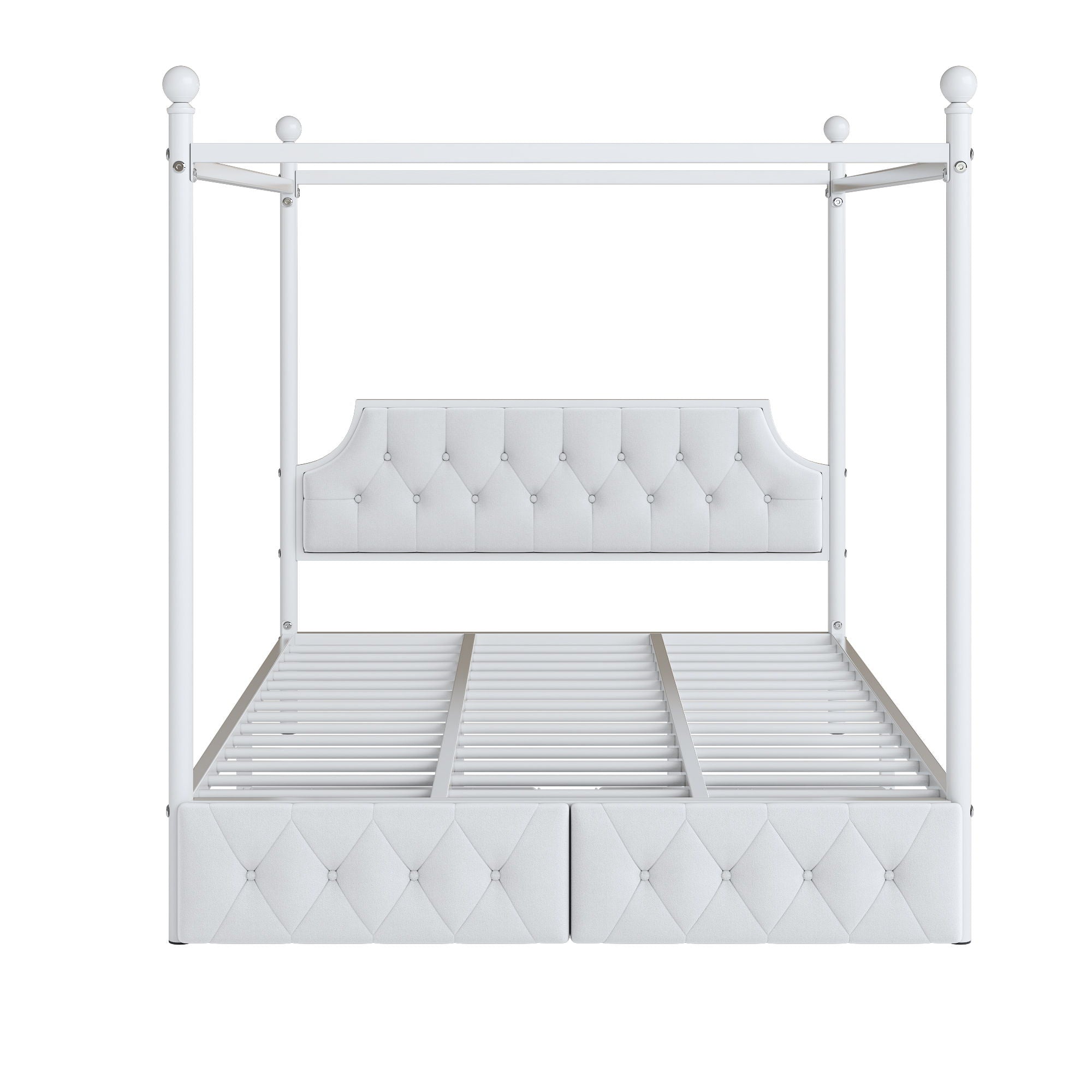 Canopy Platform Bed With Upholstered Headboard And 2 Storage Drawers - White