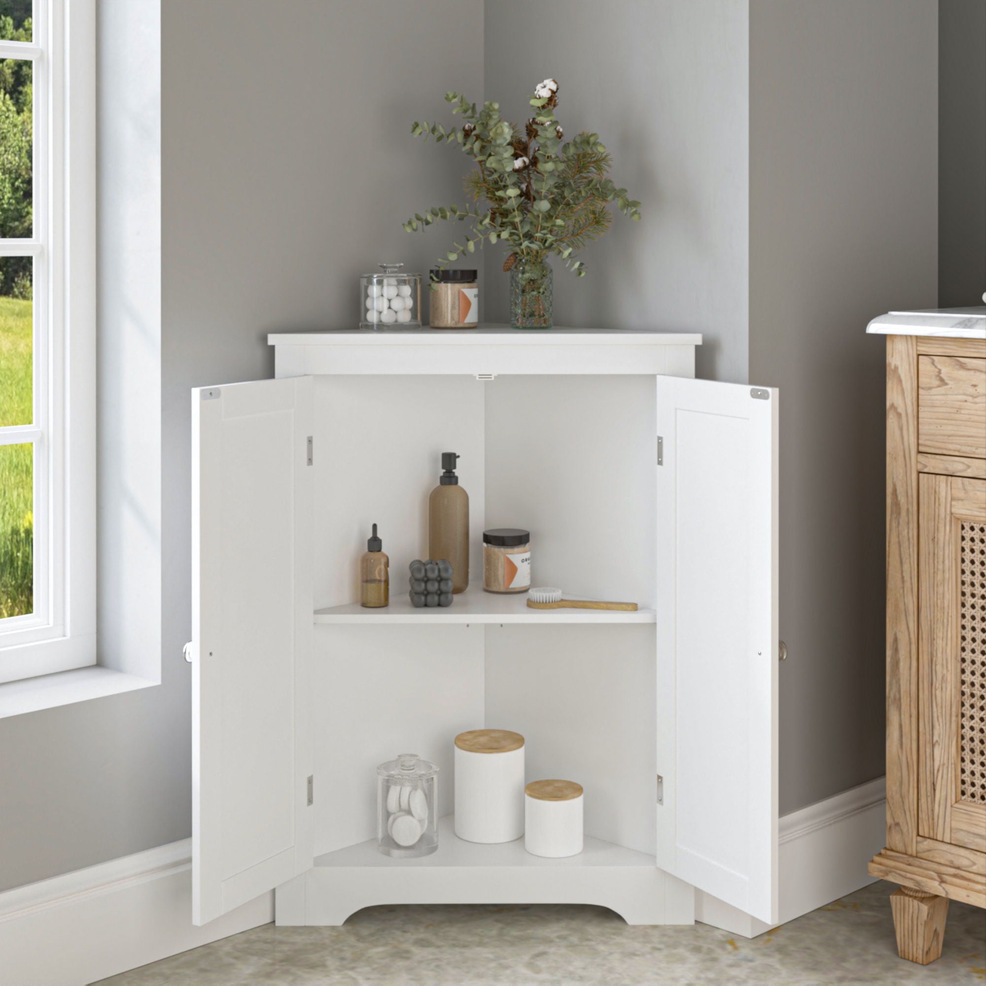 Corner Cabinet With 2 Doors And Adjustable Shelves, Freestanding Narrow Storage Organizer For Bathroom - White