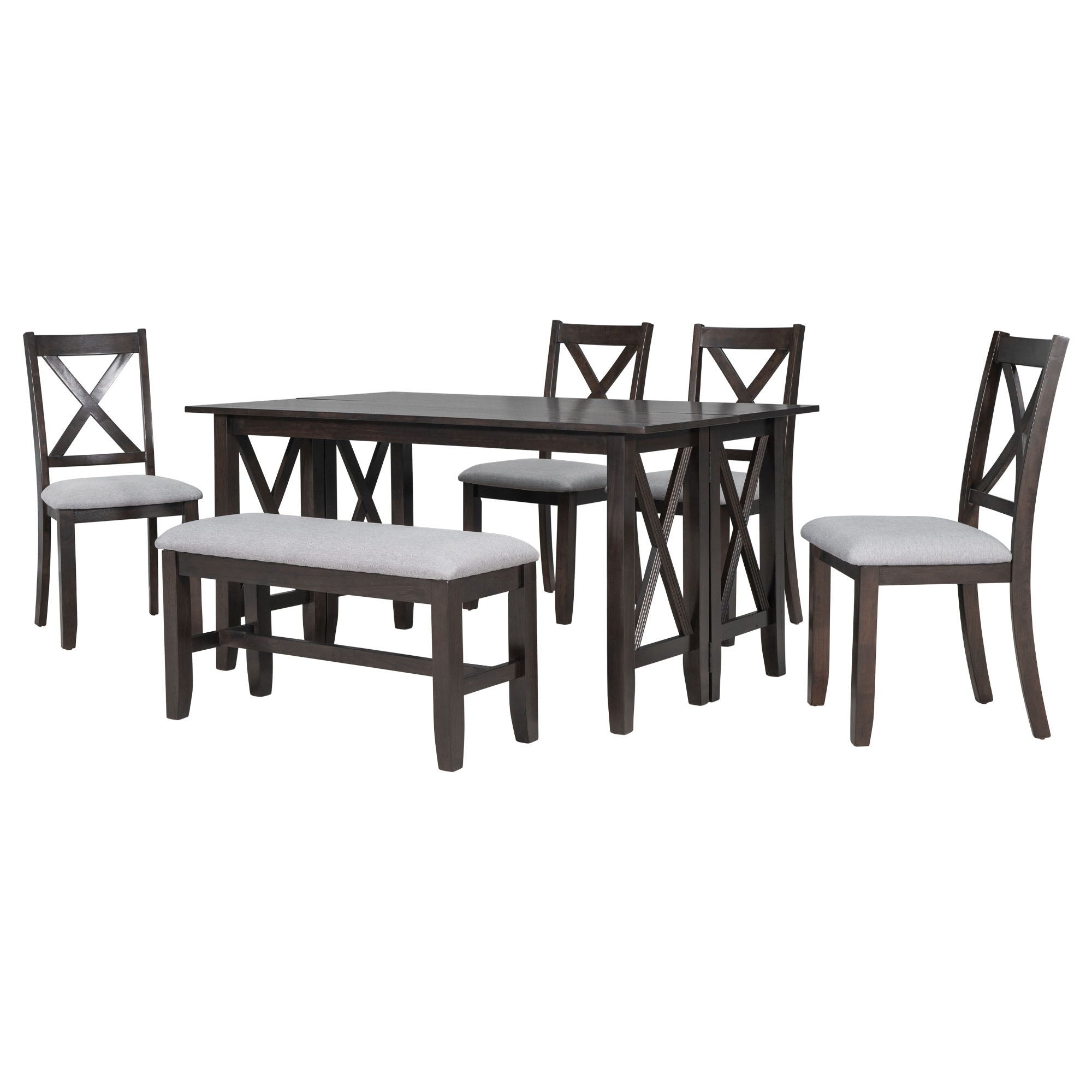 6 Piece Family Dining Room Set, Space Saving Foldable Table And 4 Chairs With Bench