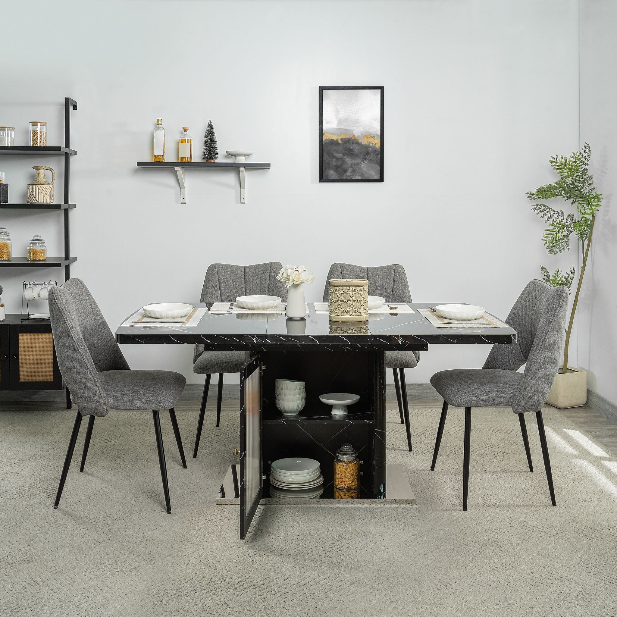 Modern Rectangle Dining Table With Stretchable Top, Storage Cabinet