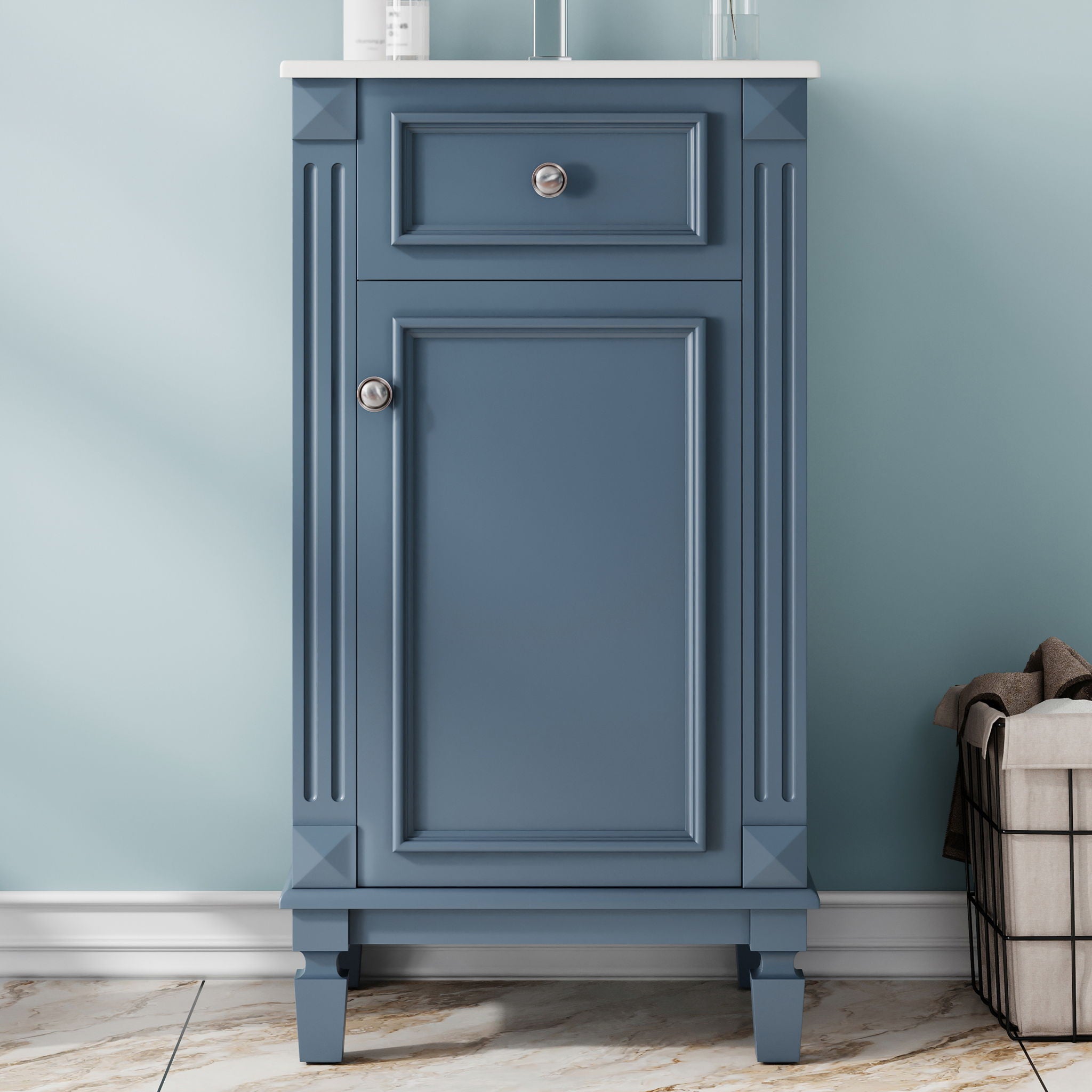 Bathroom Vanity With Sink, Freestanding Single Vanity Set, Soft-Closing Door, Adjustable Shelf - Blue