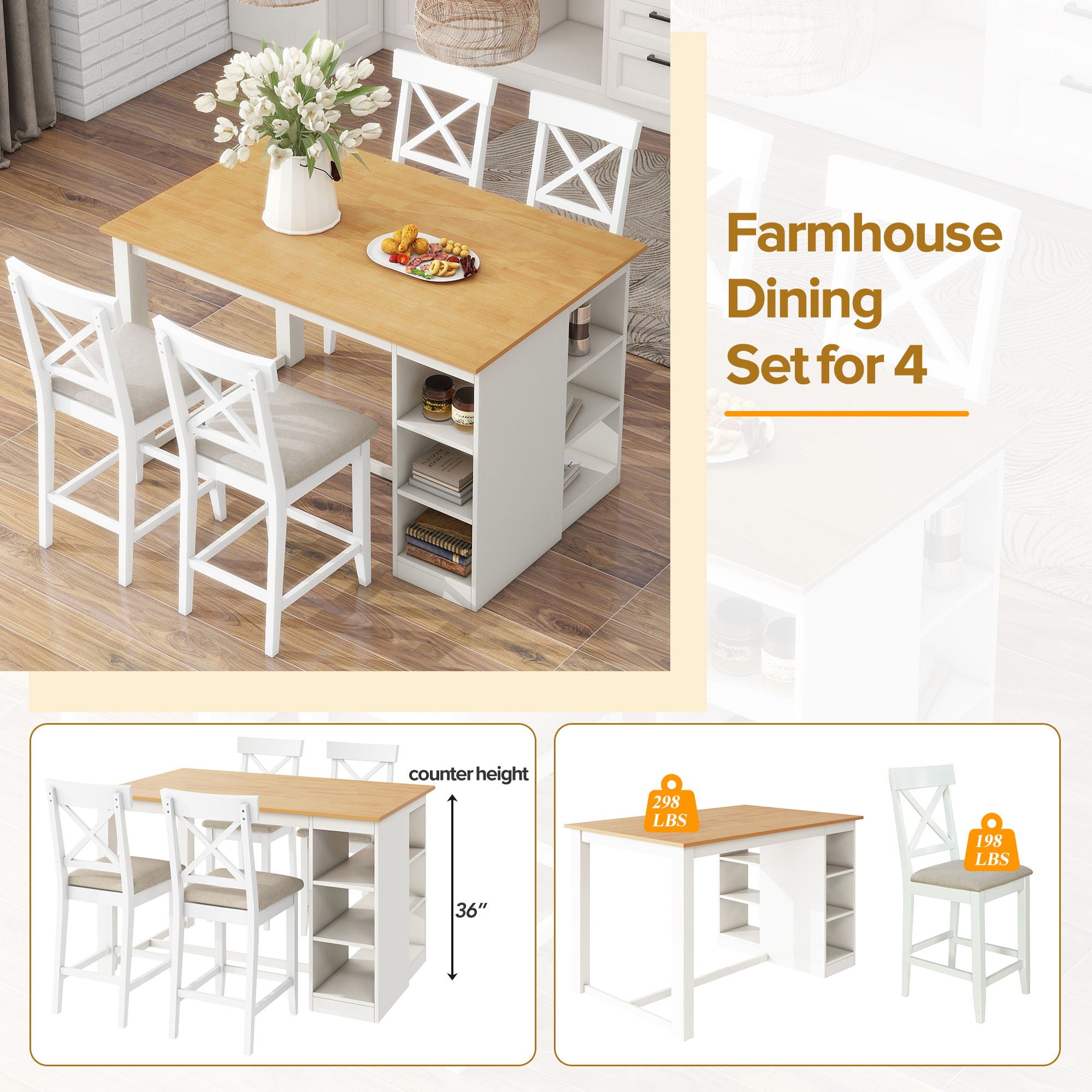 Solid Wood Farmhouse Counter Height Dining Table Set With 3 Tier Storage Shelves
