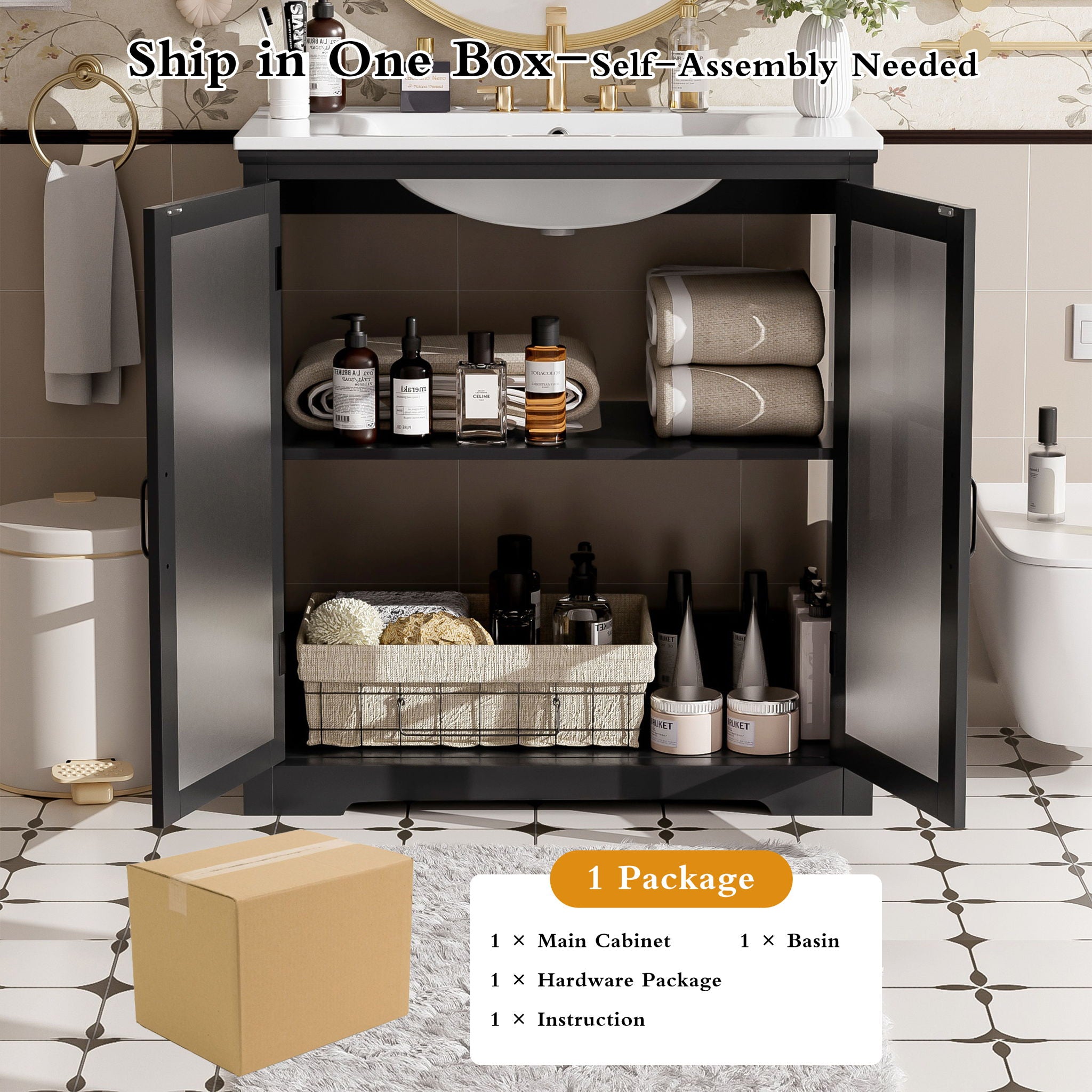 Modern Bathroom Vanity With Ceramic Sink, Tempered Blurred Glass Doors