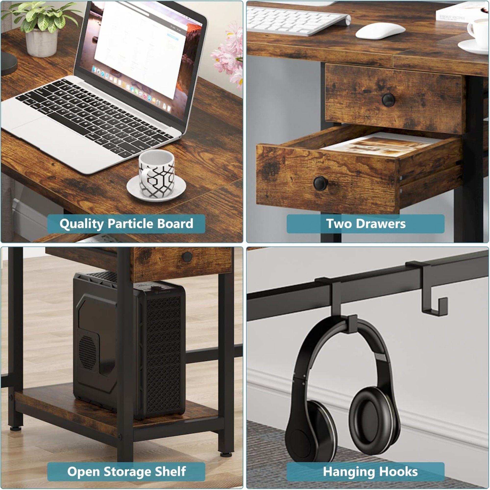 2 Person Computer Desk With Drawers And Shelves, Extra Long Double Workstation