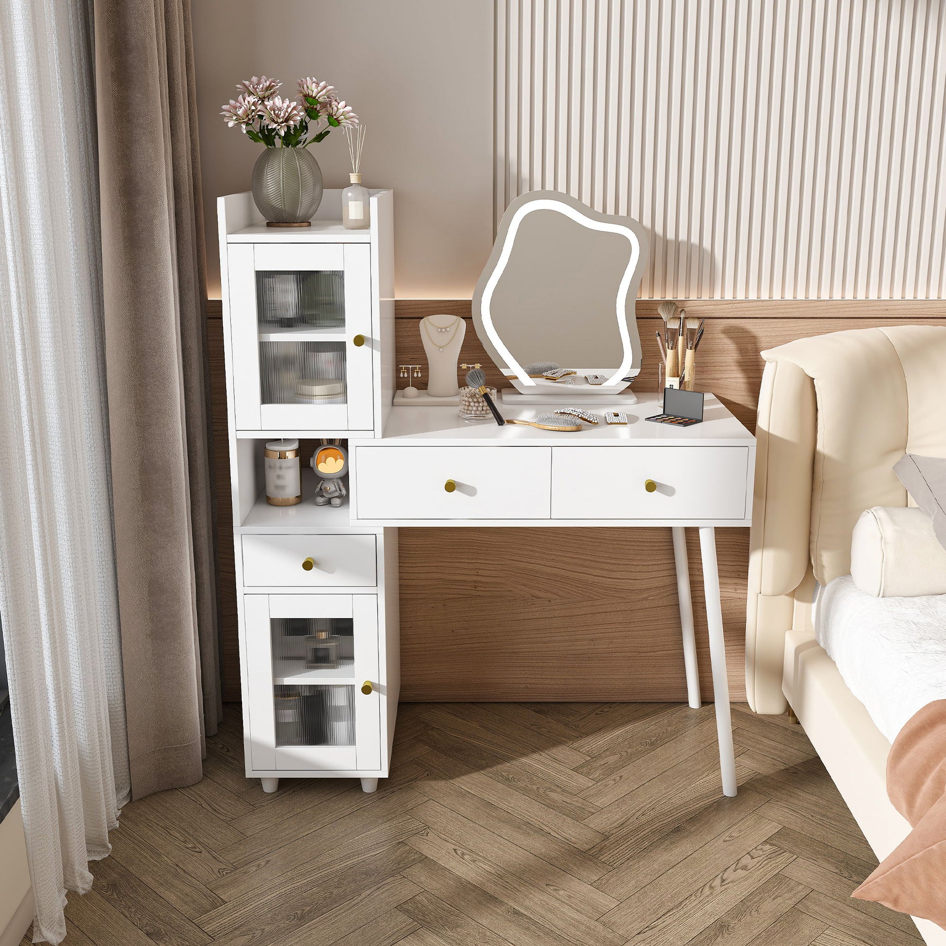 Vanity Dressing Table With LED Mirror & Storage Makeup Desk With 3 Drawers, 2 Open Shelves & 4 Hidden Cabinets - White - Best Buy Furniture