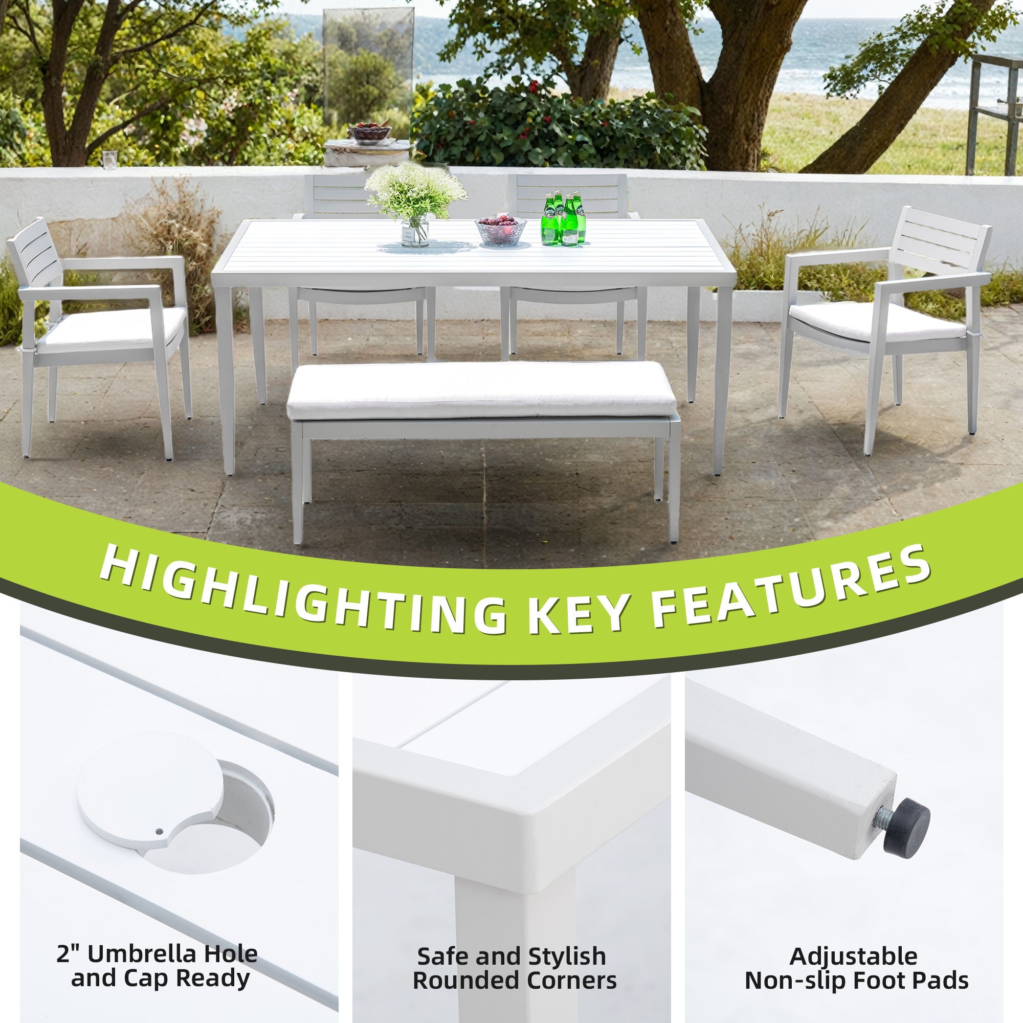 6 Piece Dining Set Modern Outdoor Patio Furniture, 4 Dining Chairs & 1 Dining Bench Sunbrella Fabric And 2 Tone Rectangle Table With Umbrella Hole - Matte White / Grayish