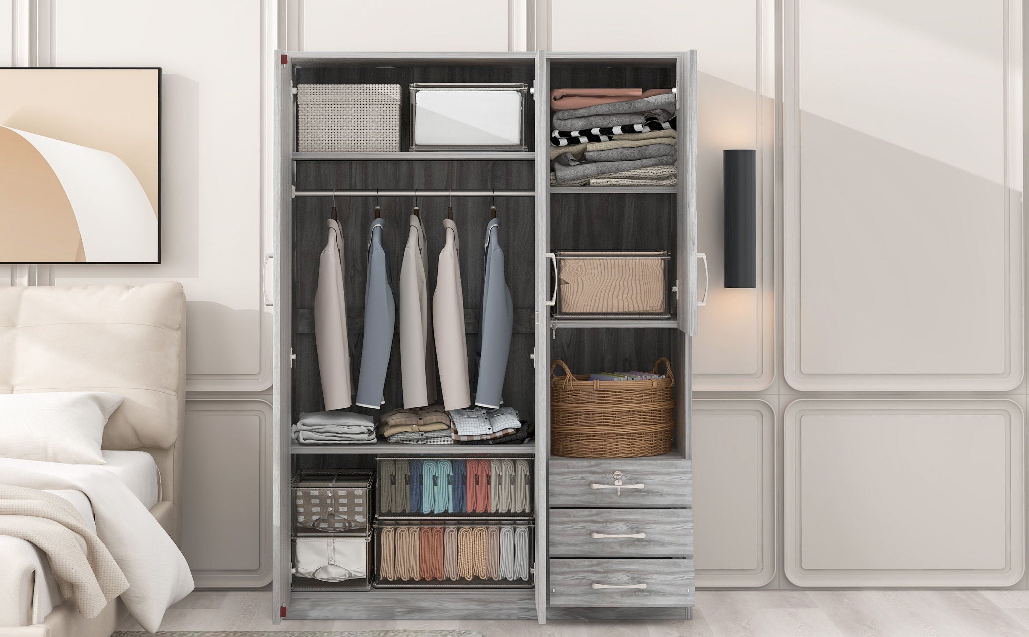 2 Doors Wardrobe Storage For Bedroom With Shelves And 3 Drawers