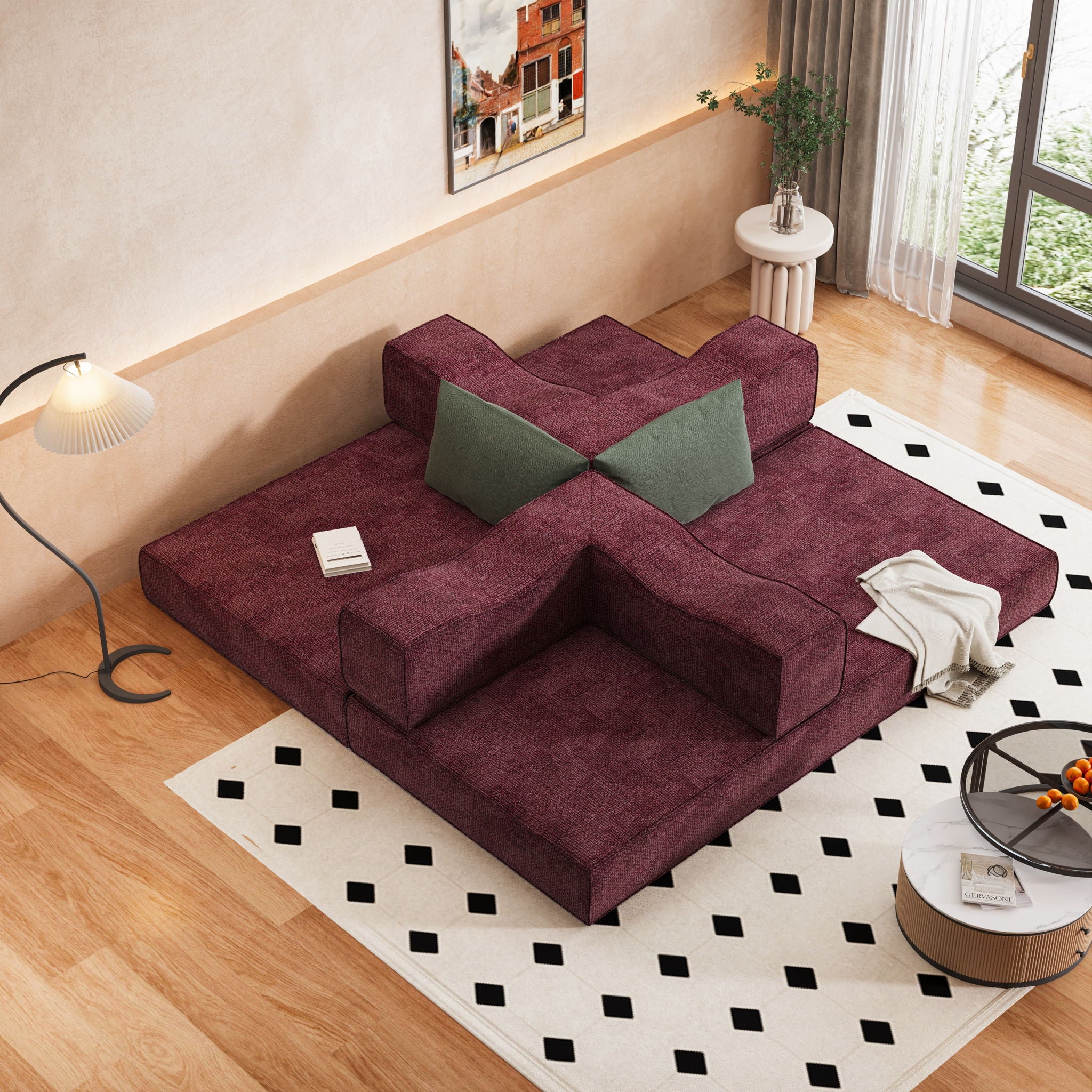 Convertible Couch Bed With 2 Pillows, 3 Seat Folding Floor Couch & King Size Bed Mattress, Diy Combination - Burgundy