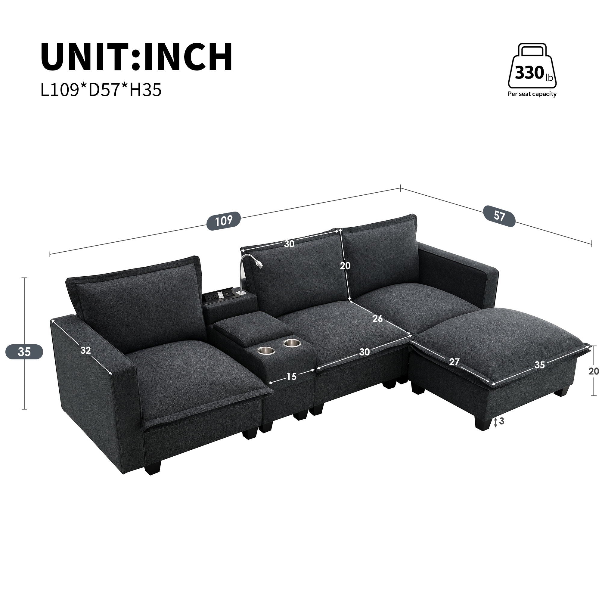Modern Sectional Cloud Sofa With Console USB Charger Reading Light Cup Holder, Wide Seat 4 Seat Modular Couch Storable Indoor Funiture
