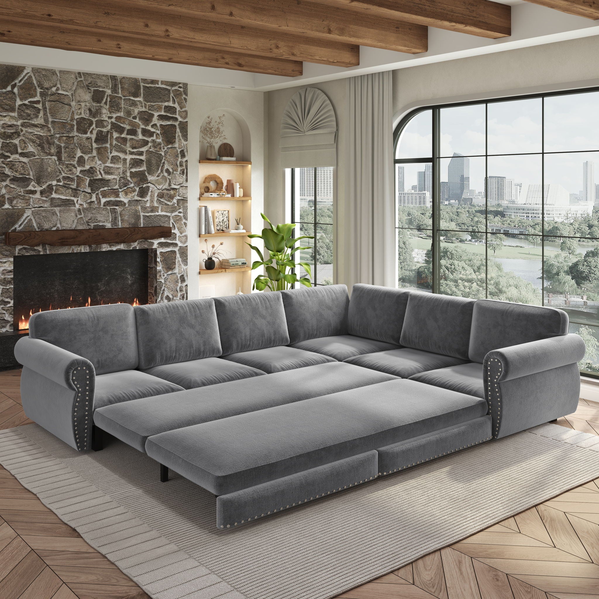 L-Shaped Sofa Couch With Pull Out Bed With Nailhead Trim & Rolled Arm, Sectional Couches, For Living Room - Light Gray