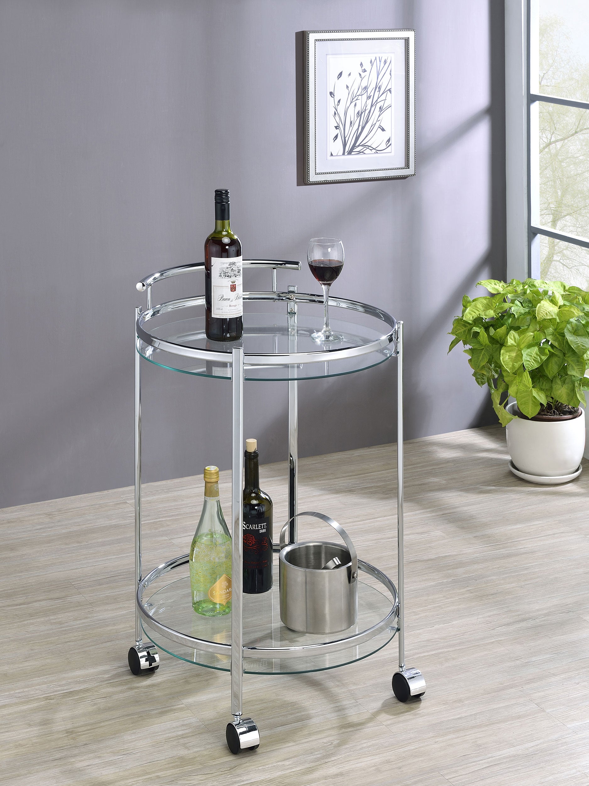 Chrissy Round Glass Shelf Metal Bar Cart Chrome-CoasterEveryday