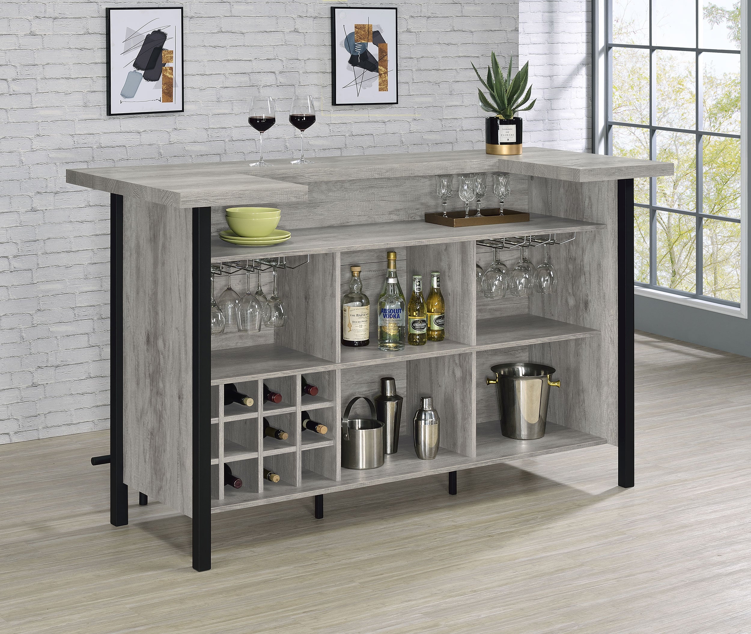 Bellemore Freestanding Home Bar Wine Cabinet Grey Driftwood-CoasterEssence