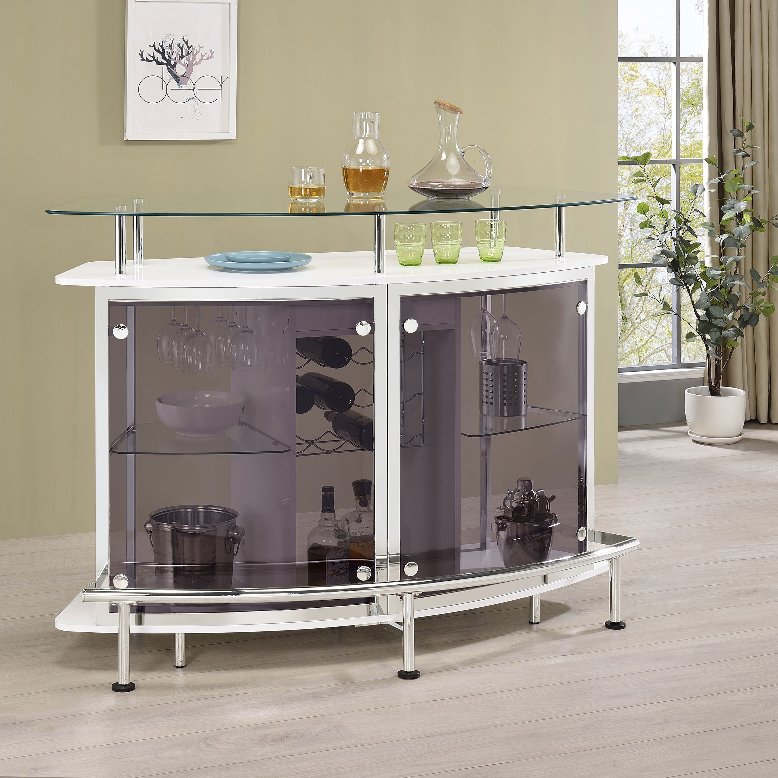 Gideon Curved Glass Top Home Bar Cabinet White High Gloss-CoasterEssence