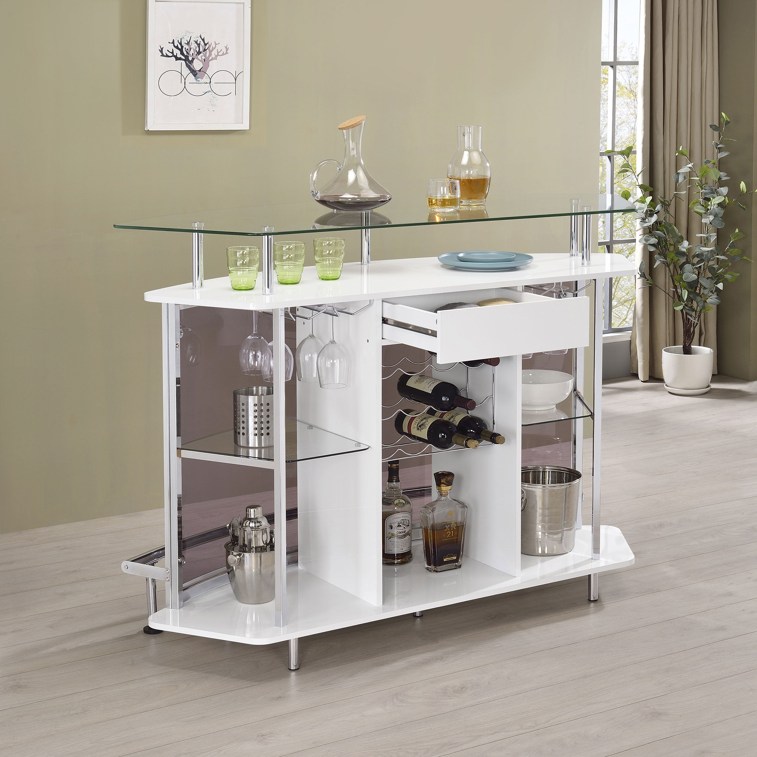 Gideon Curved Glass Top Home Bar Cabinet White High Gloss-CoasterEssence
