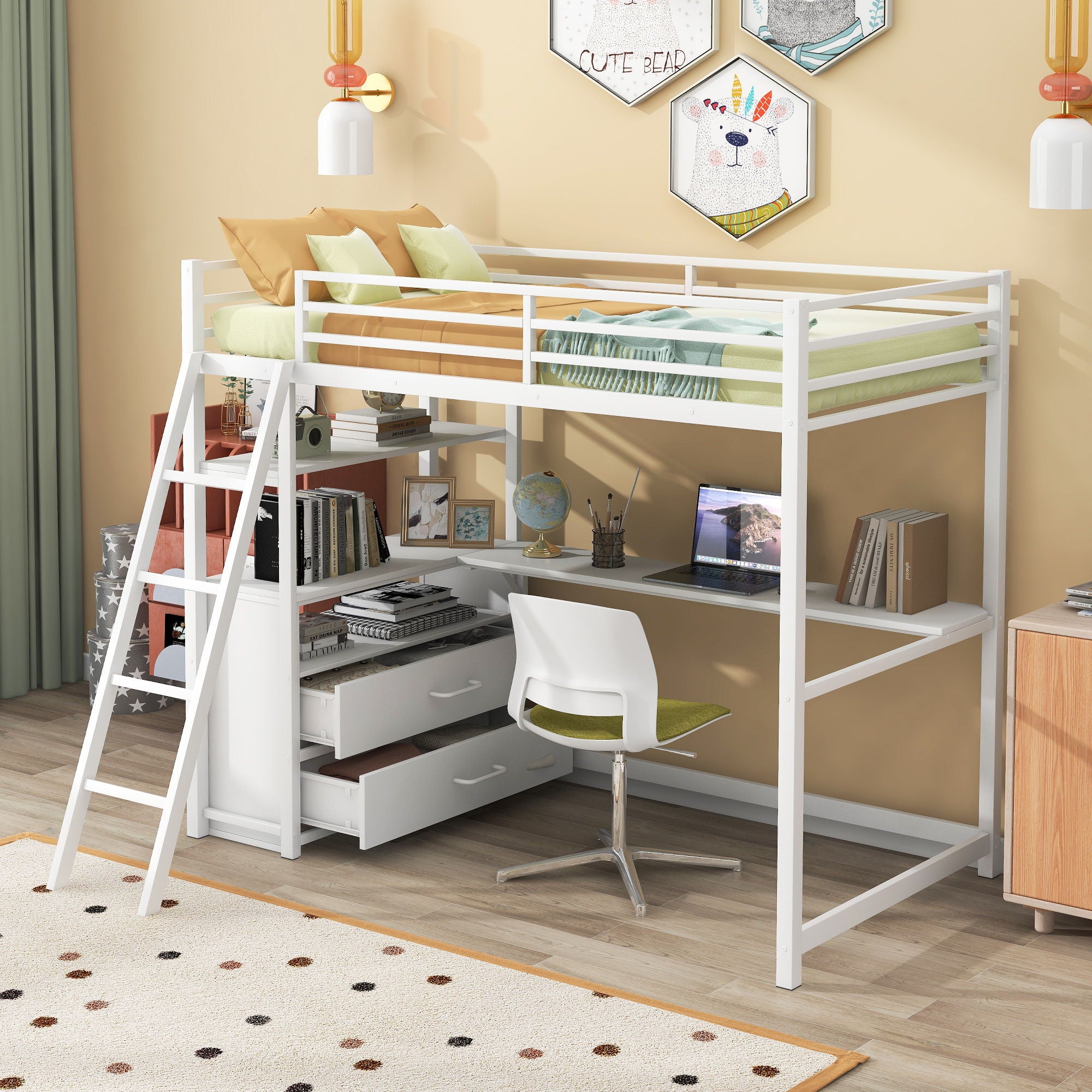 Twin Size Metal & Wood Loft Bed With Desk And Shelves - White