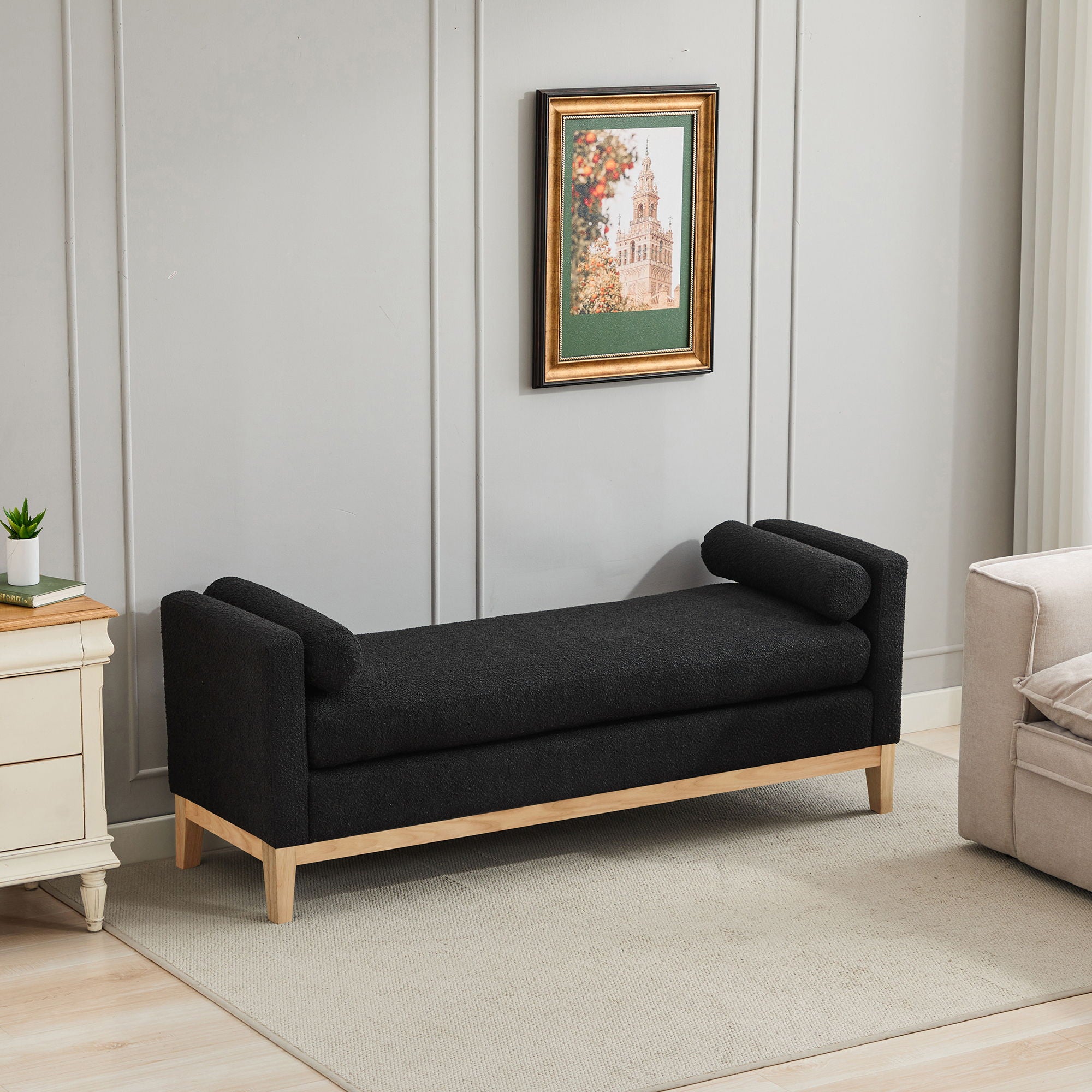 Elegant Upholstered Bench Daybed Ottoman With Bolster Pillows