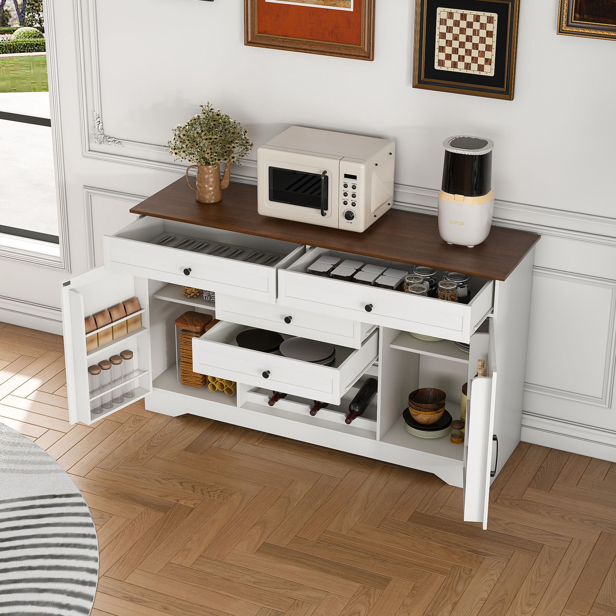 Rustic Farmhouse Kitchen Island With Storage Cabinet, Wood Top Breakfast Bar - White