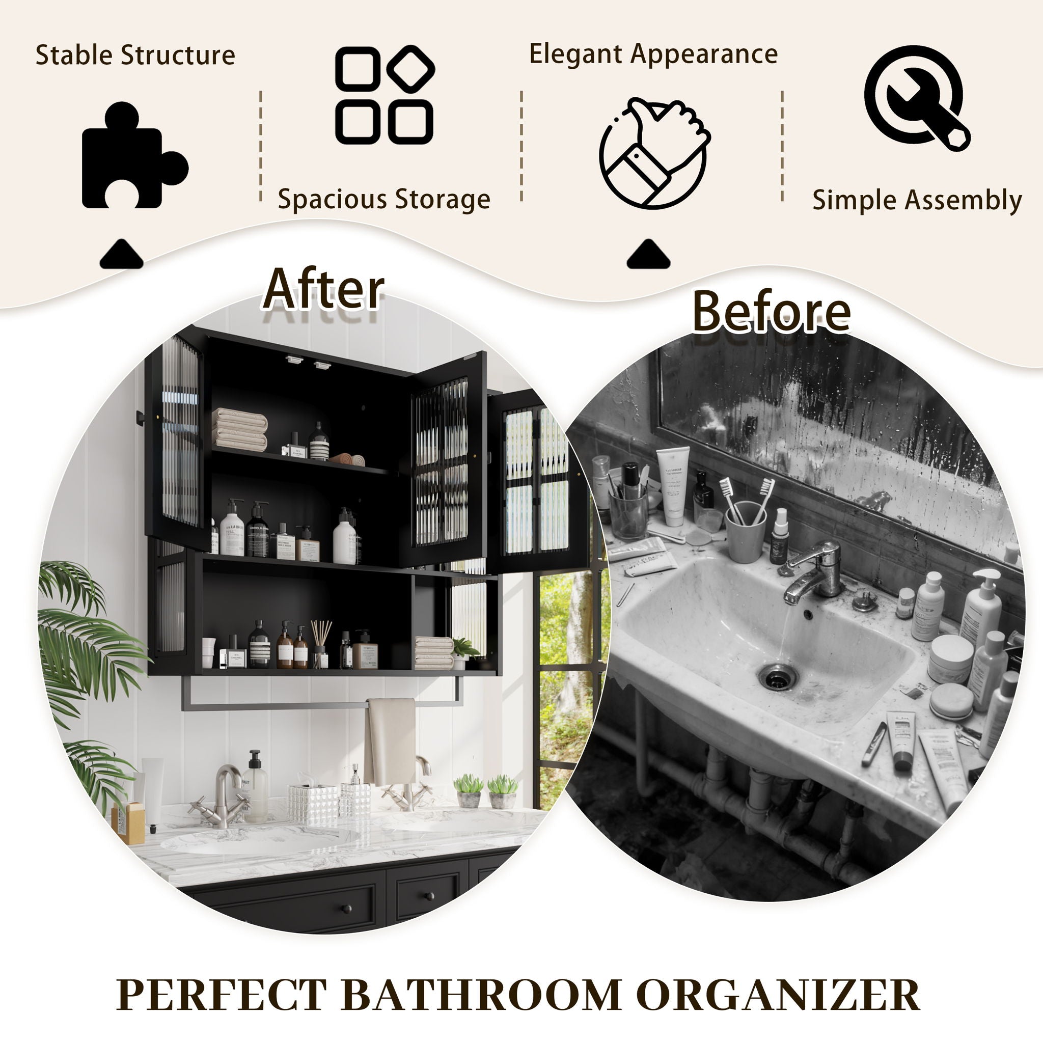 3 Door Wall Cabinet With Glass Door And Towel Bar