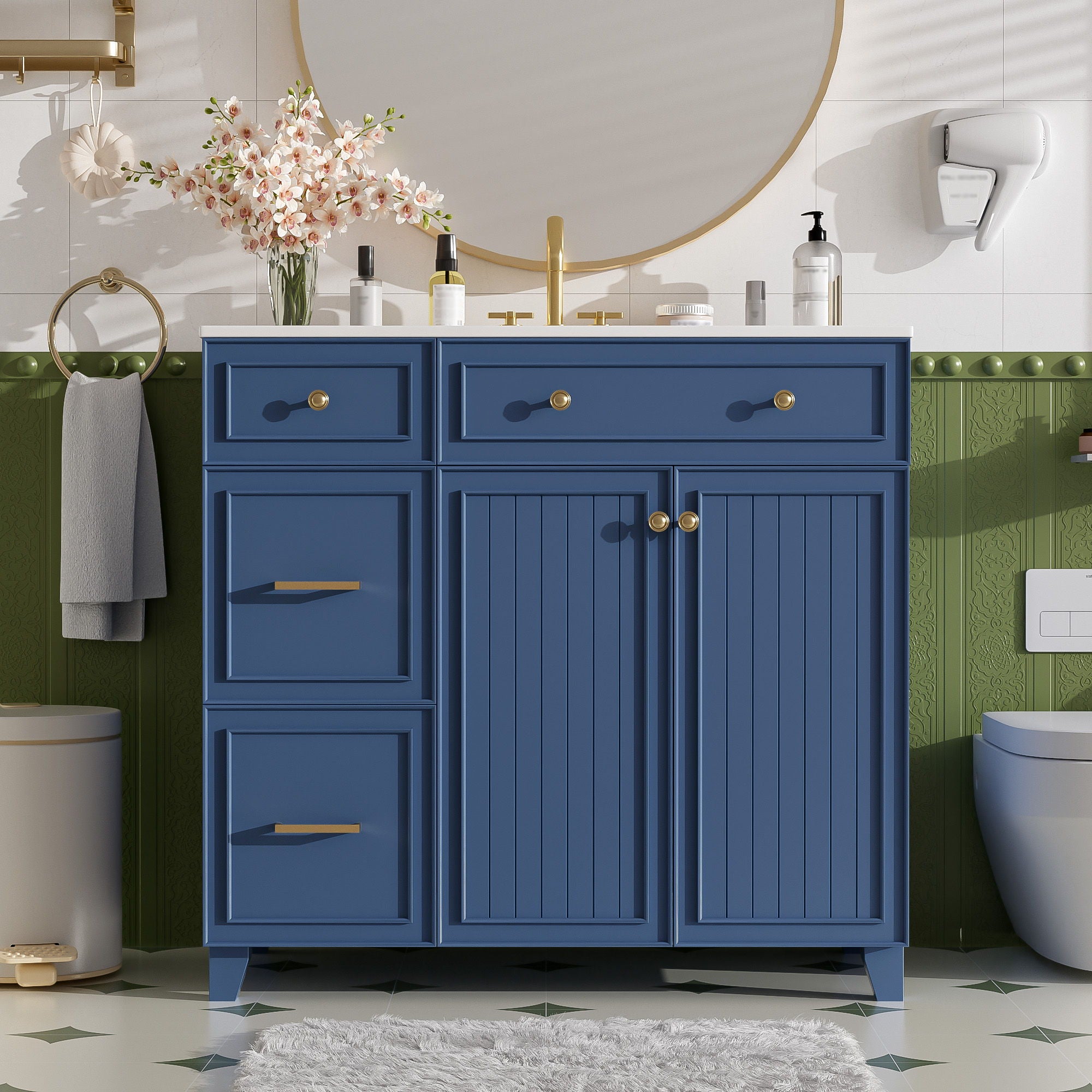 36" Bathroom Vanity With Sink, Soft Close Doors, Adjustable Shelves - Blue