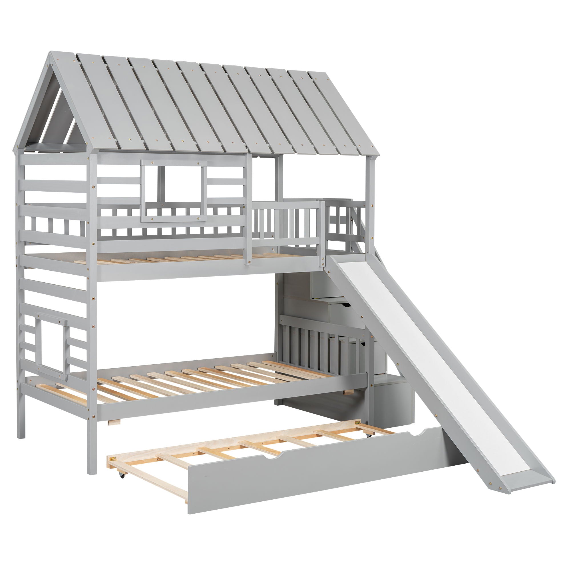House Bunk Bed With Trundle, Storage Staircase, Roof And Window Design