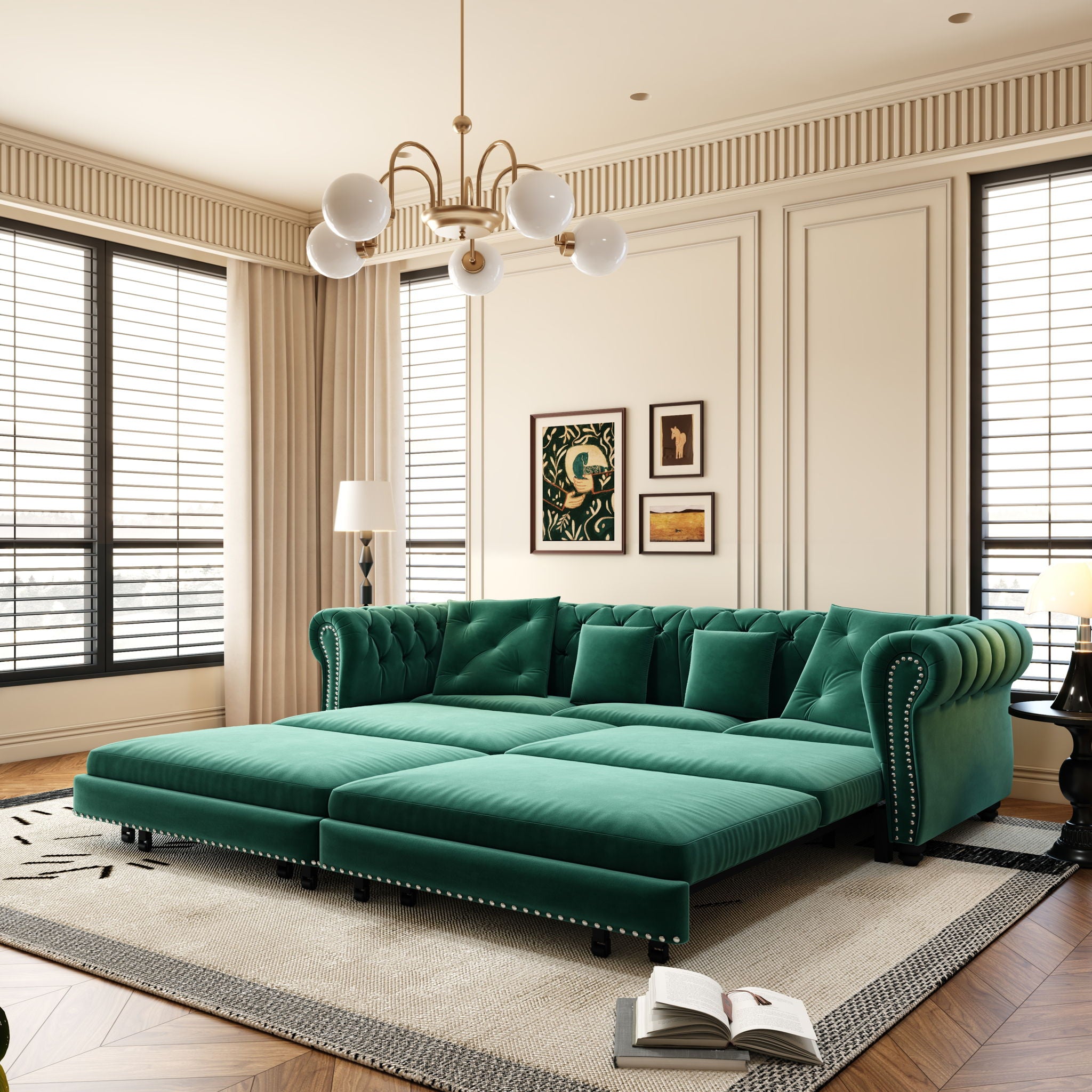 3 In 1 Pull Out Sofa Bed, Convertible Sleeper Sofa Bed, 3 Seater Sofa With Movable Ottoman - Green