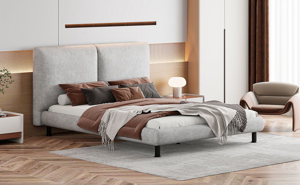 Upholstered Platform Bed With 2 Large Headrests And Thick