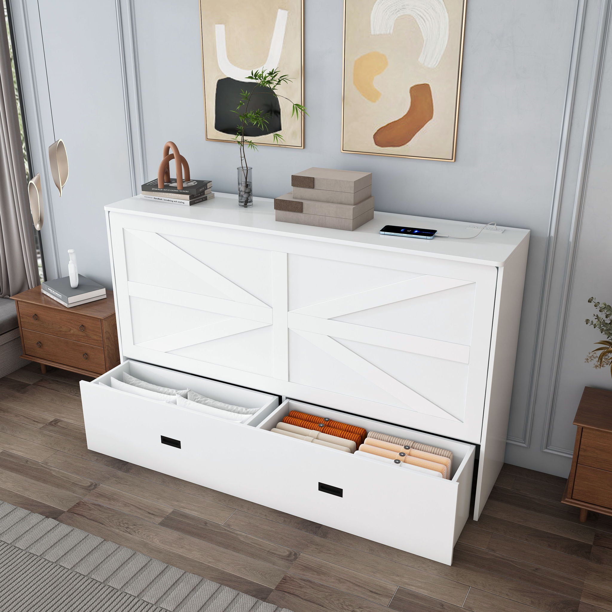 Murphy Bed With Storage Drawers And Charging Cabinet, Foldable Panels, Swivel Wheels