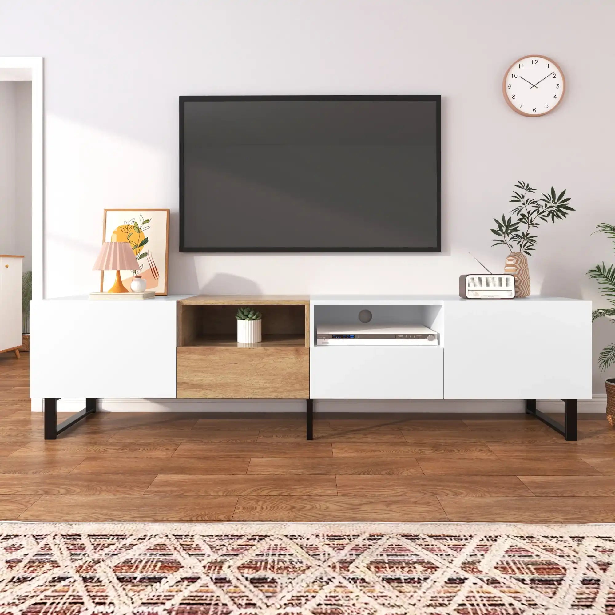 Modern TV Stand 75" with Cabinets & Open Storage Compartment