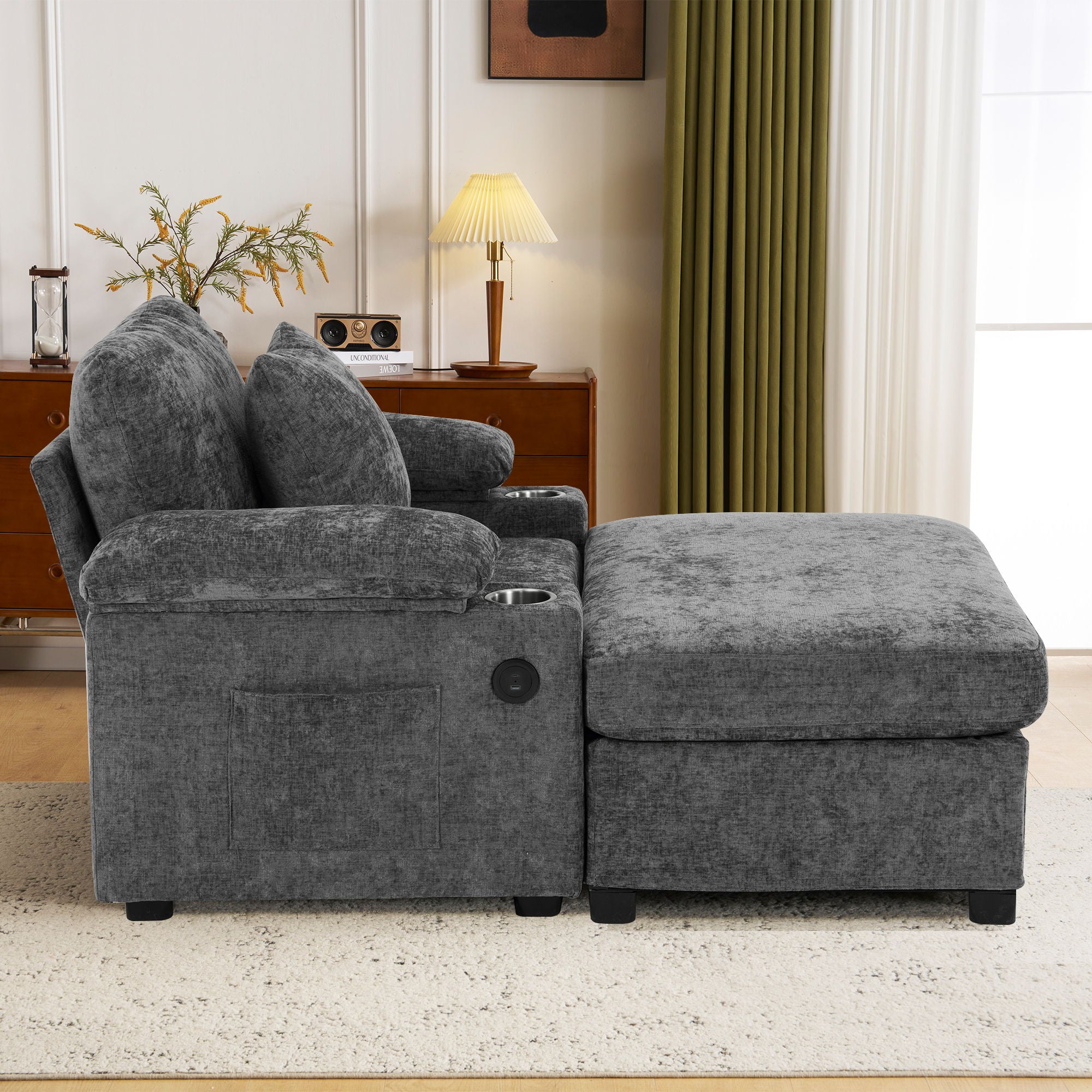 Modern Oversized Chair With Ottoman, Cupholders And USB Charging Ports