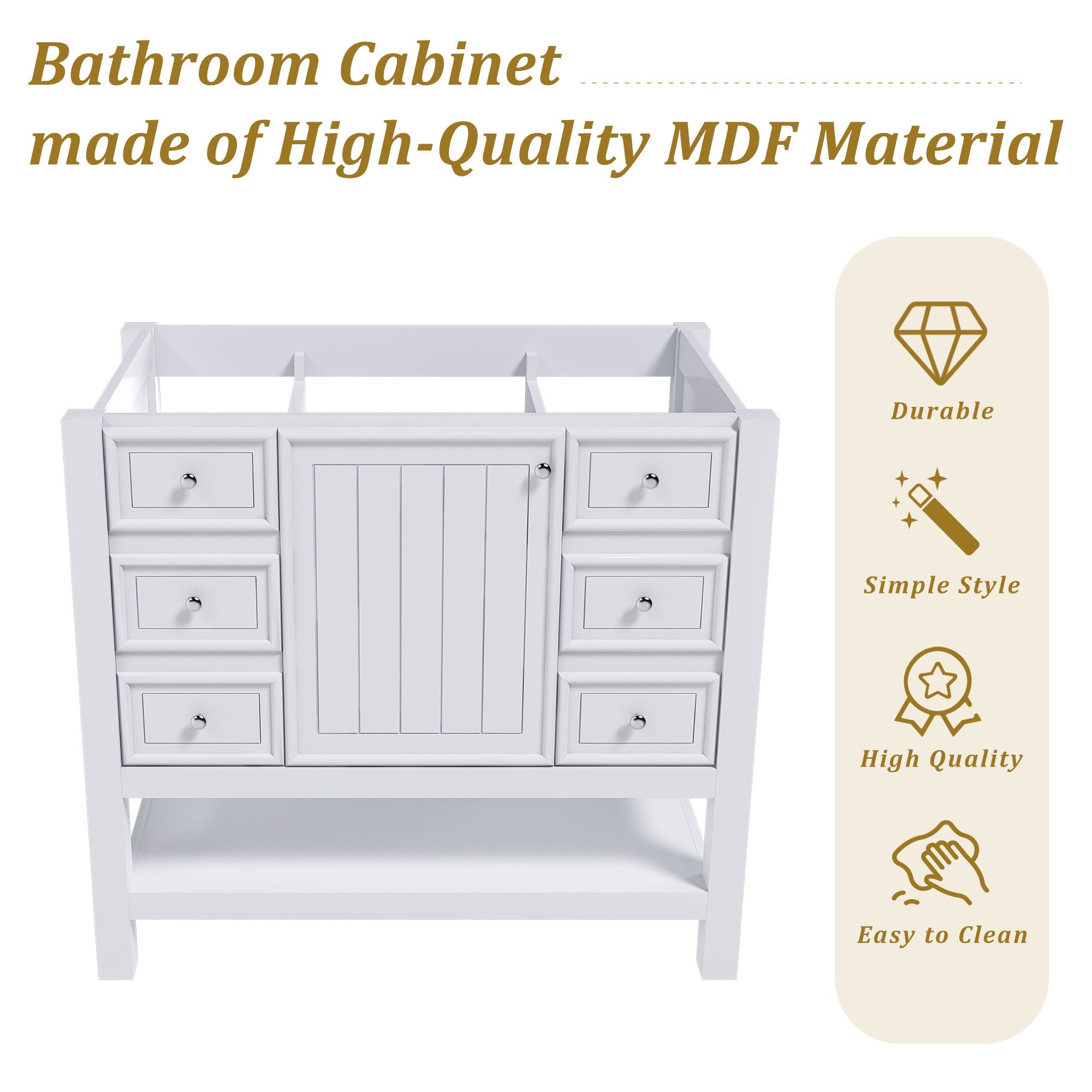 36" Bathroom Vanity With 1 Cabinet And 3 Drawers 1, Storage Solution - White