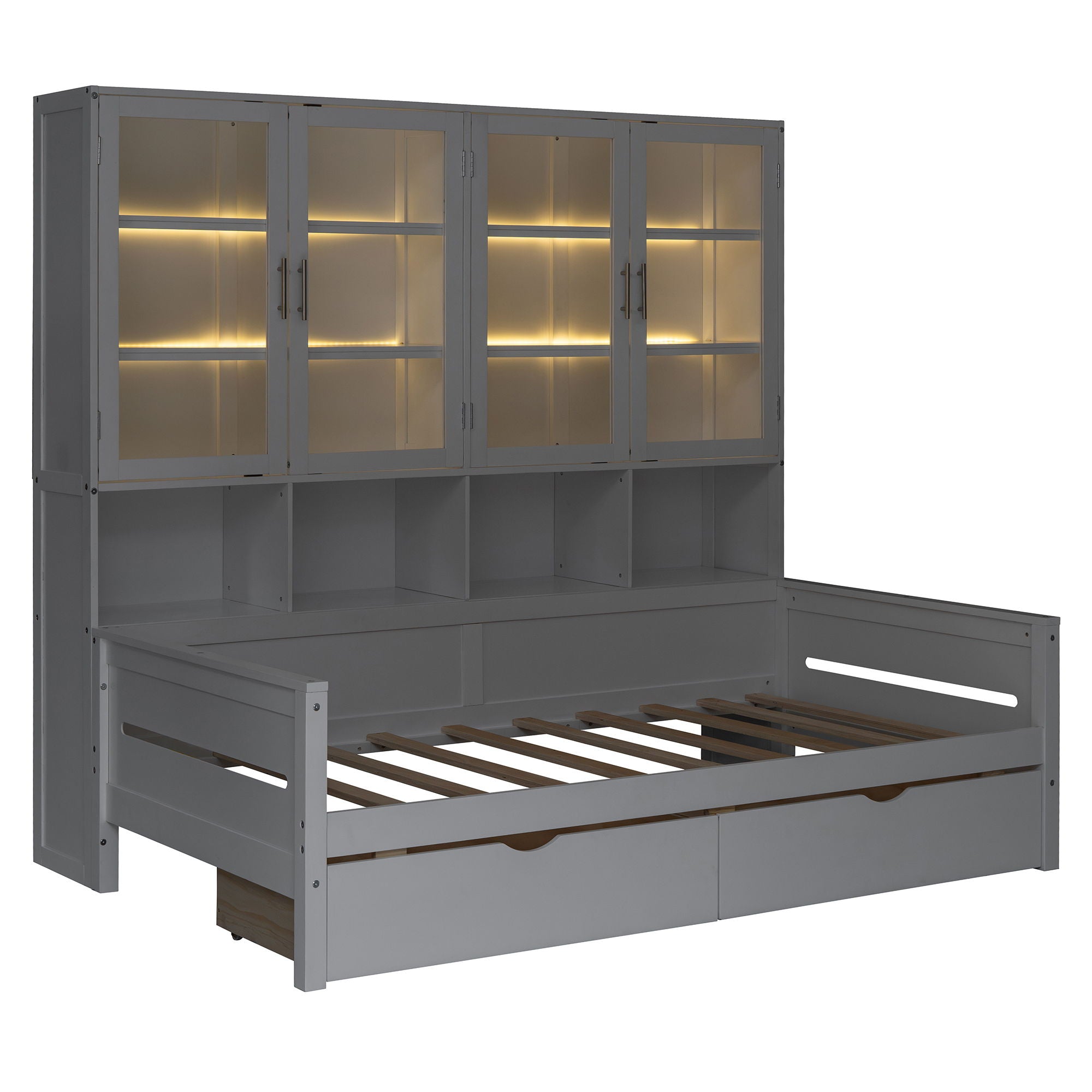 Daybed With Glass Door Storage Cabinets, Built In LED Lighting And Shelves