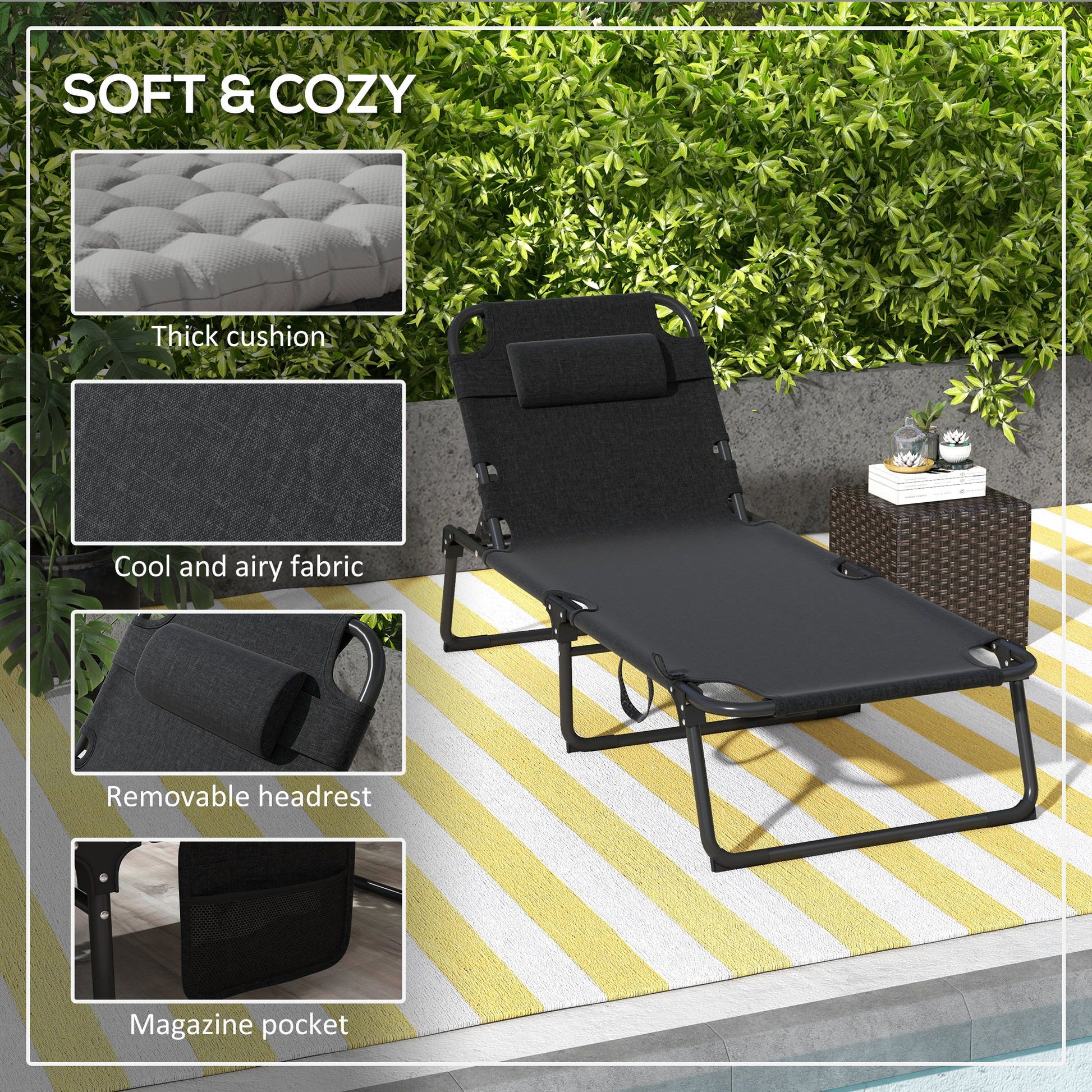 Outsunny - Outdoor Chaise, Adjustable Folding Chaise Lounge With 4-Position Backrest, Magazine Pocket, Removable Head Pillow, Sun Bathing Lounger Chair For Patio, Beach - Gray - Best Buy Furniture
