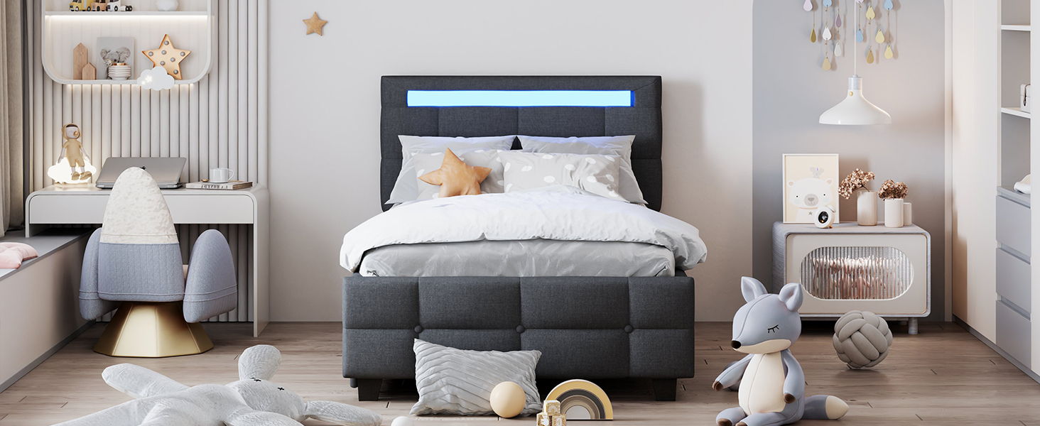 Upholstered Platform Bed With LED Frame, With Trundle And 2 Drawers