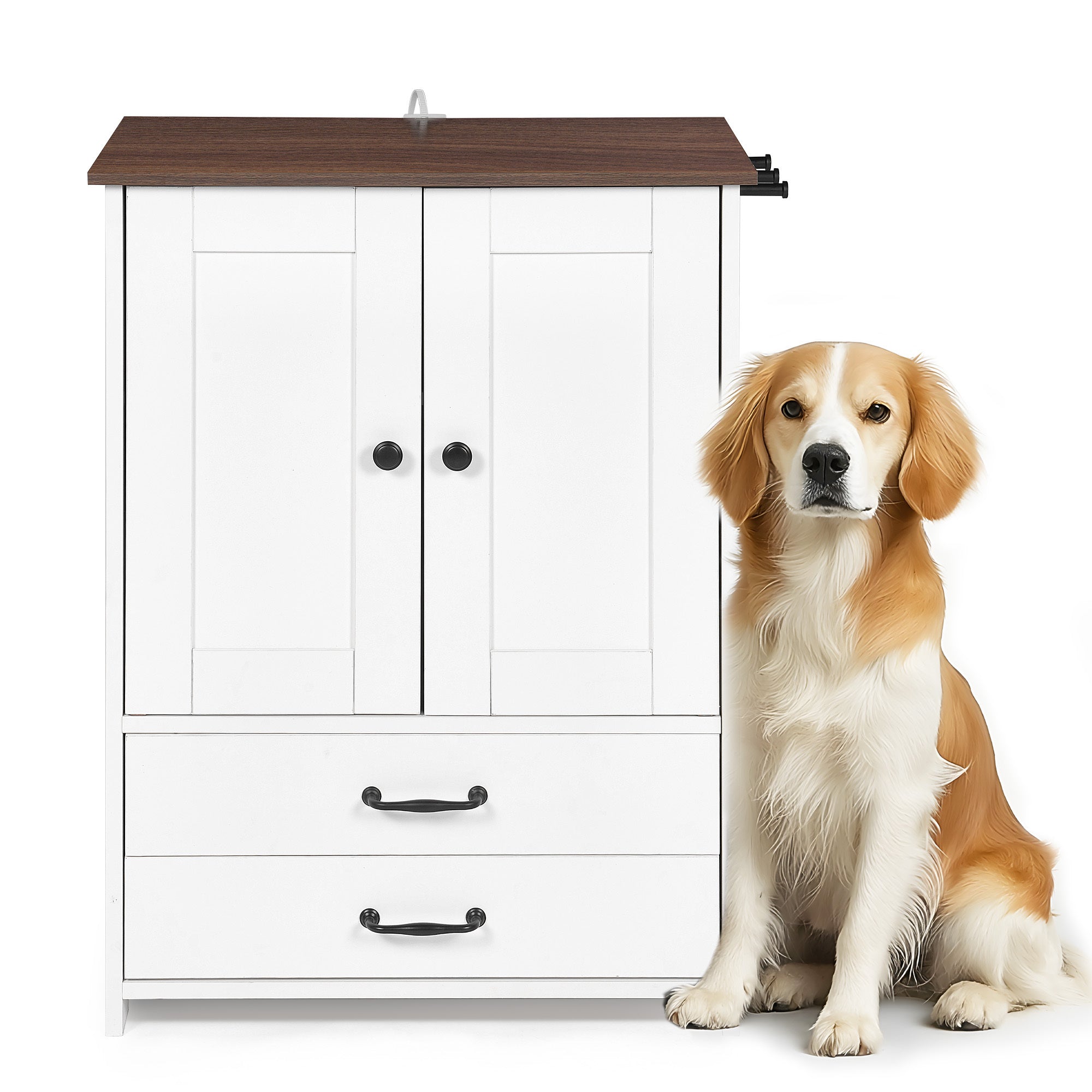 Dog Feeding Station Double Door Locker with 2 Adjustable Dog Bowls White