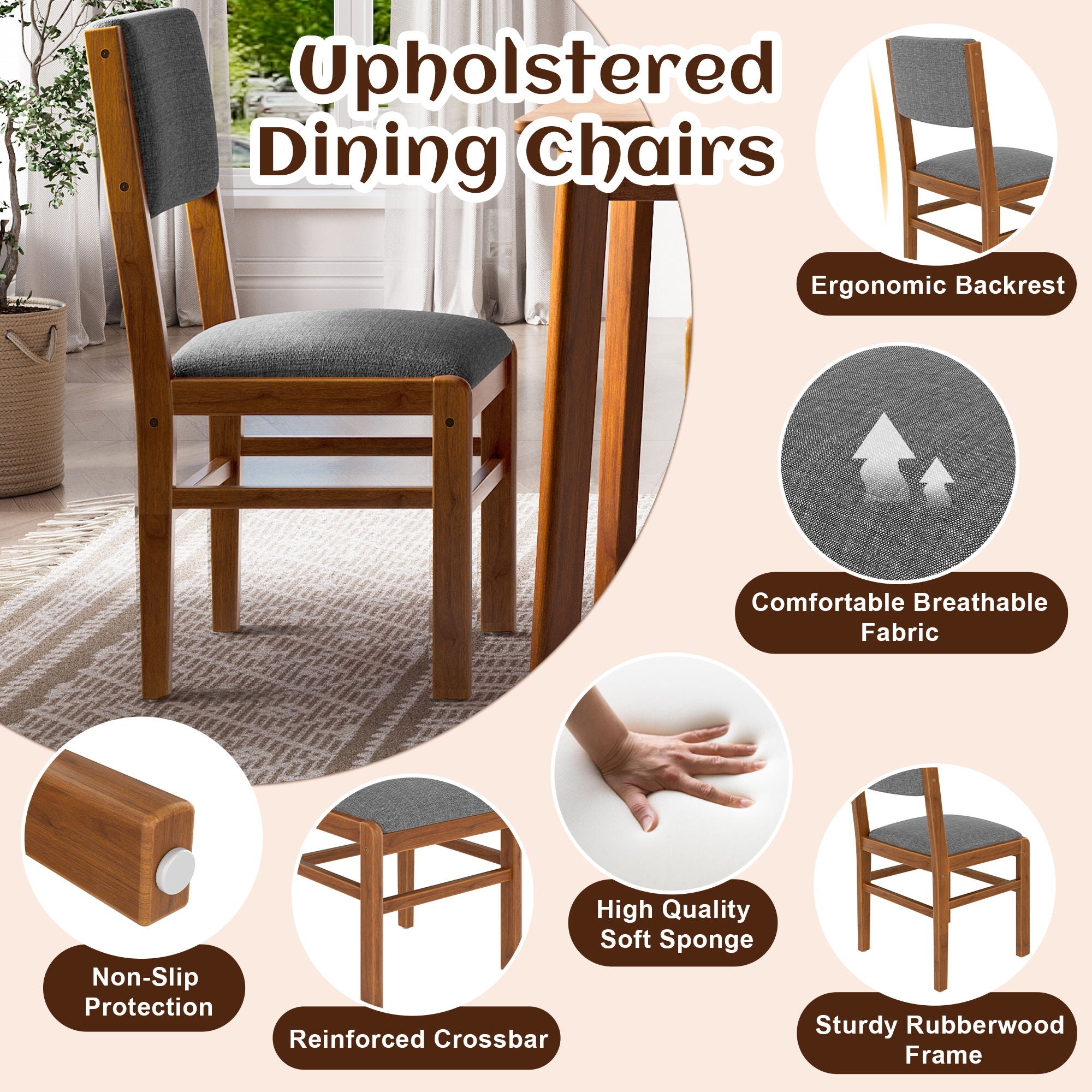 Dining Chairs (Set of 4), Mid Century Modern Fabric Upholstered Kitchen Side Chairs, Farmhouse Dining Room Chair - Brown / Gray
