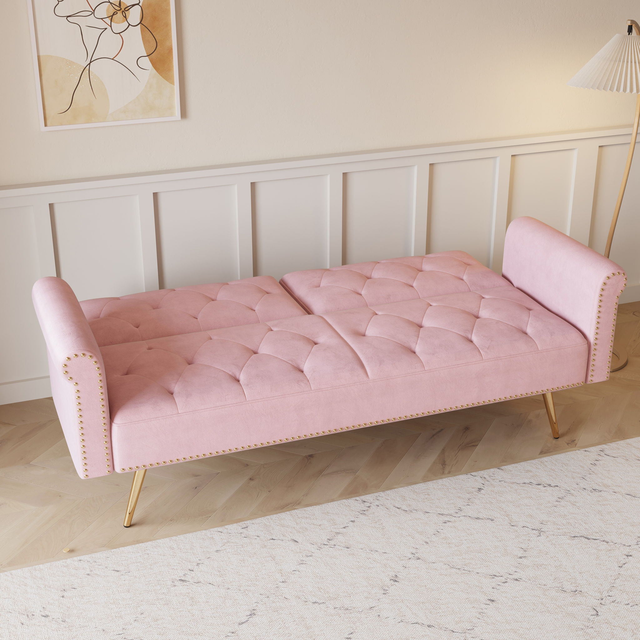 Luxurious Velvet Sofa Bed With Nail Head Trim And Matching Pillow
