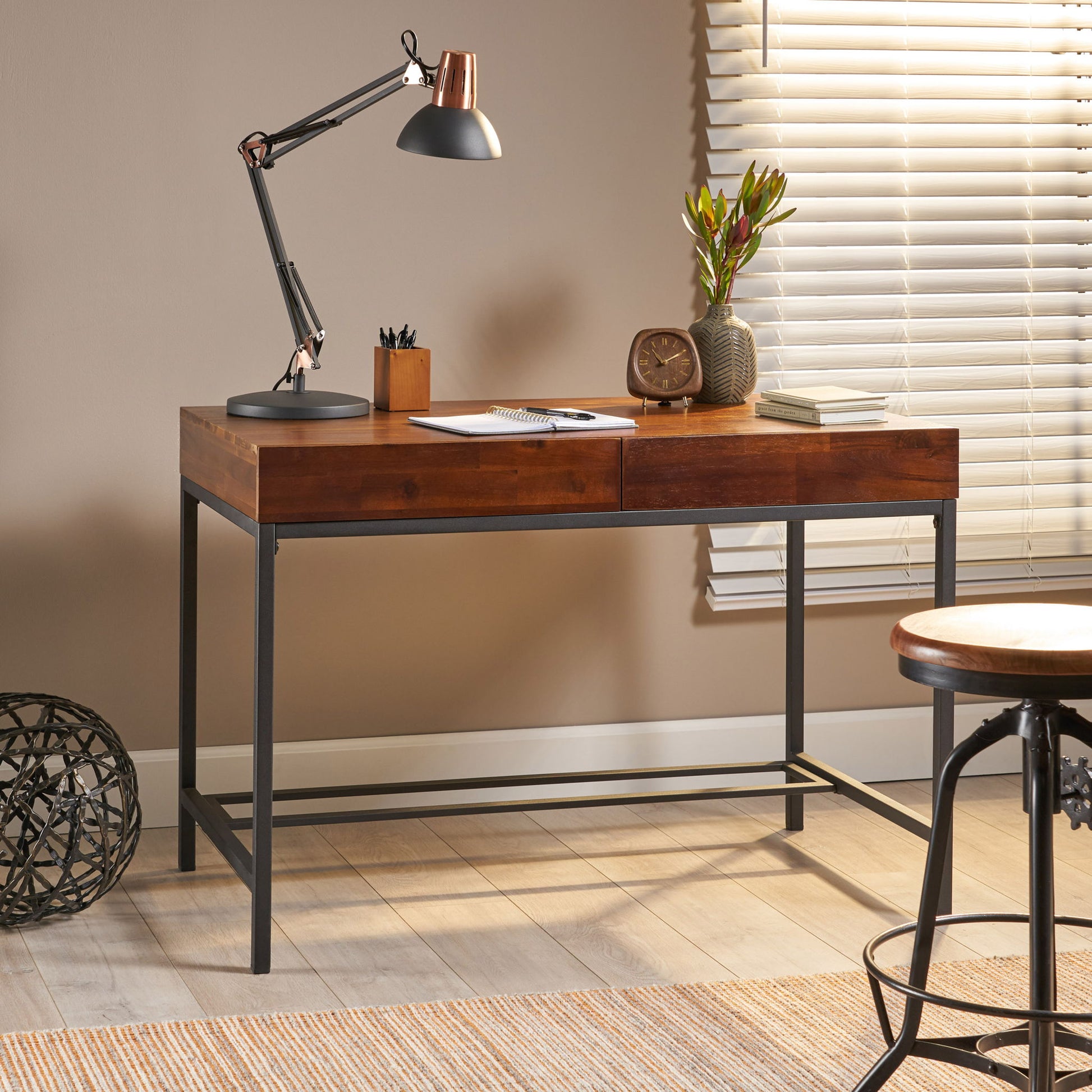 Industrial Style Storage Desk With Acacia Wood Top And Metal Legs - Oak - Best Buy Furniture