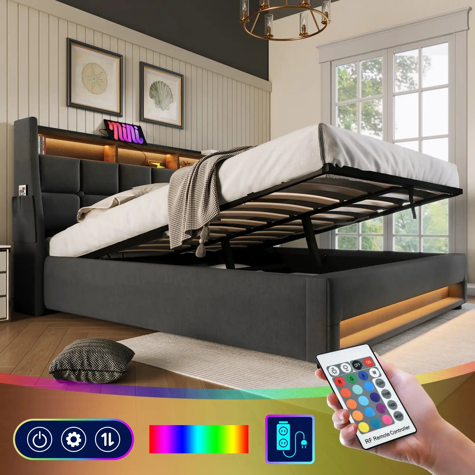 Queen size Upholstered Platform bed with a Lift Storage System, LED and USB Charging, Grey