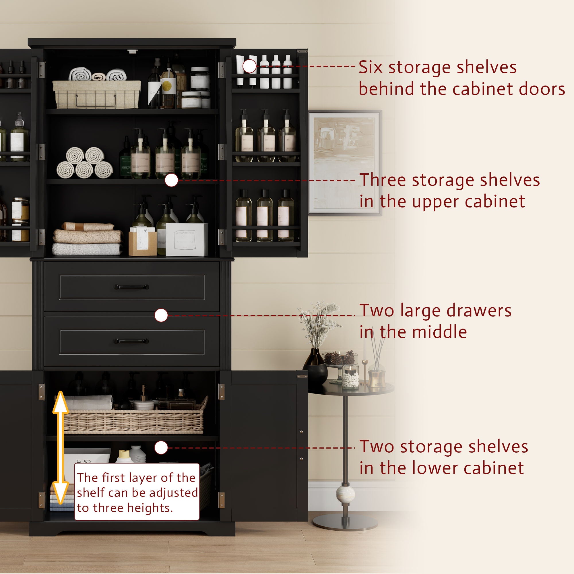 Multi Functional Storage Cabinet With Adjustable Shelves, 2 Drawers, Door Shelves