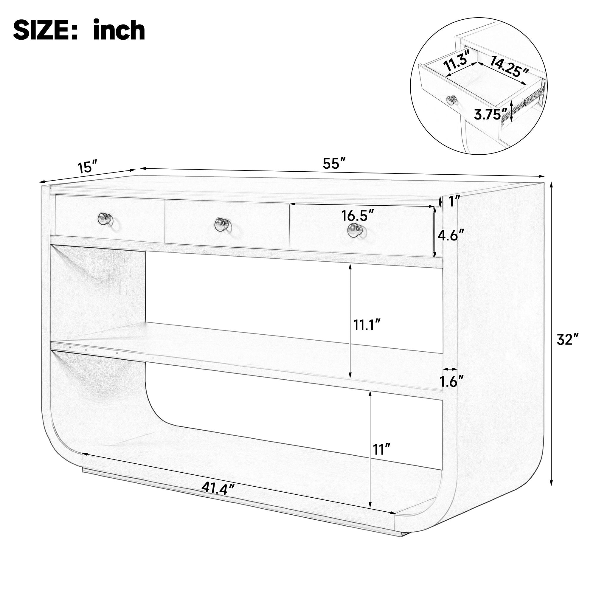 Console Table With 3 Soft Close Drawers & 2 Open Shelves - Natural