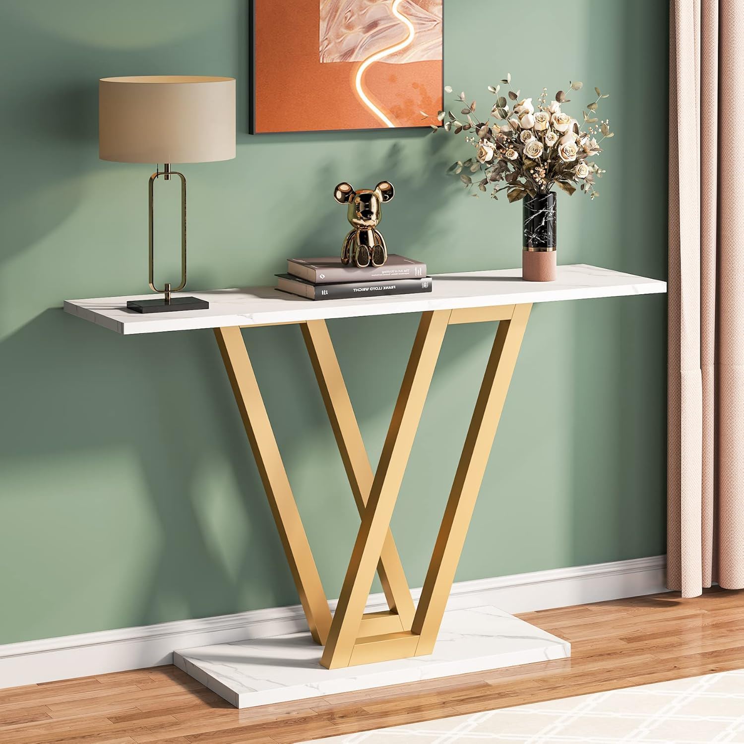 Console Table With Top With V Leg Frame For Hallway, Living Room - White / Gold