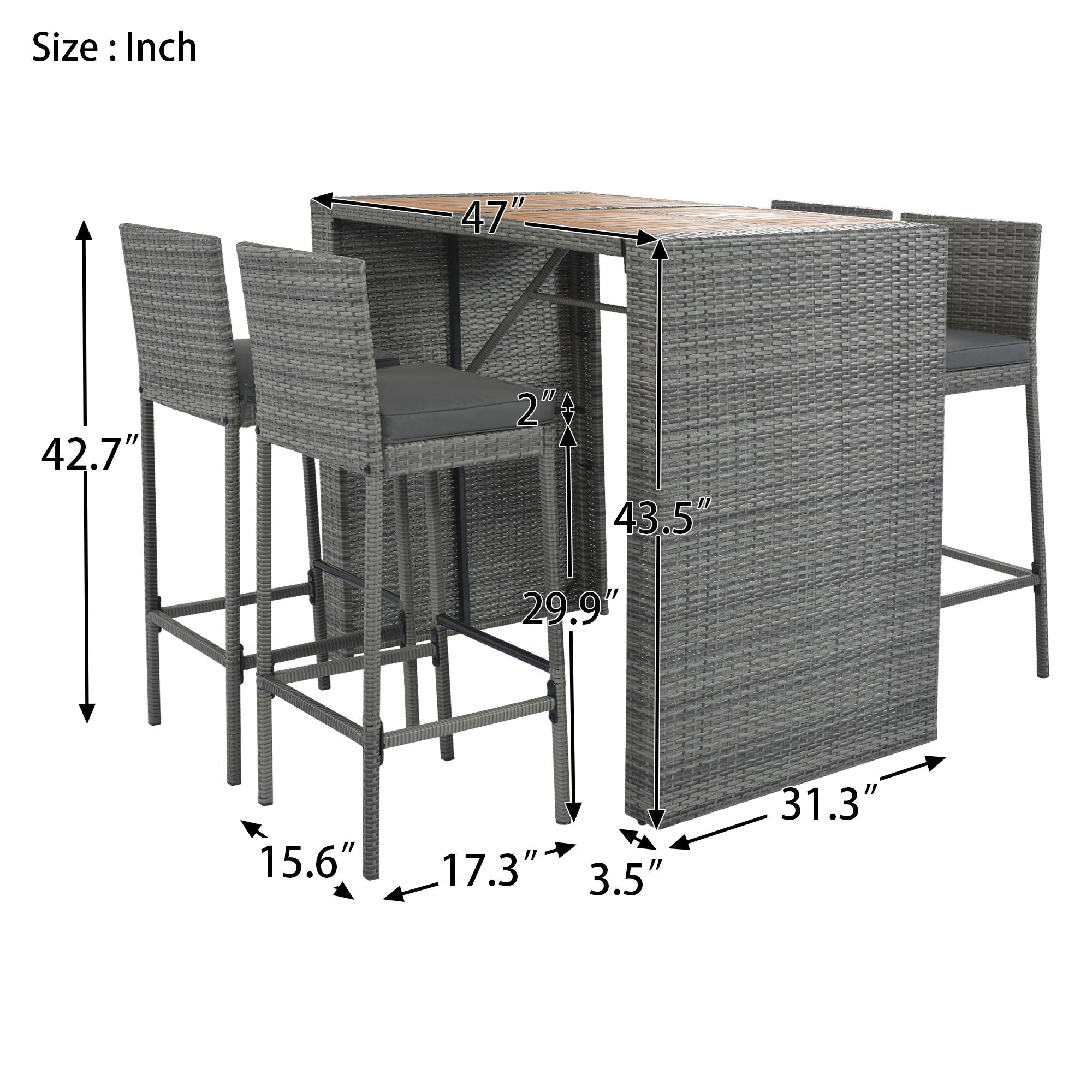 5 Pieces Outdoor Patio Wicker Bar Set, Bar Height Chairs With Non-Slip Feet And Fixed Rope, Removable Cushion, Acacia Wood Table Top - Brown / Gray