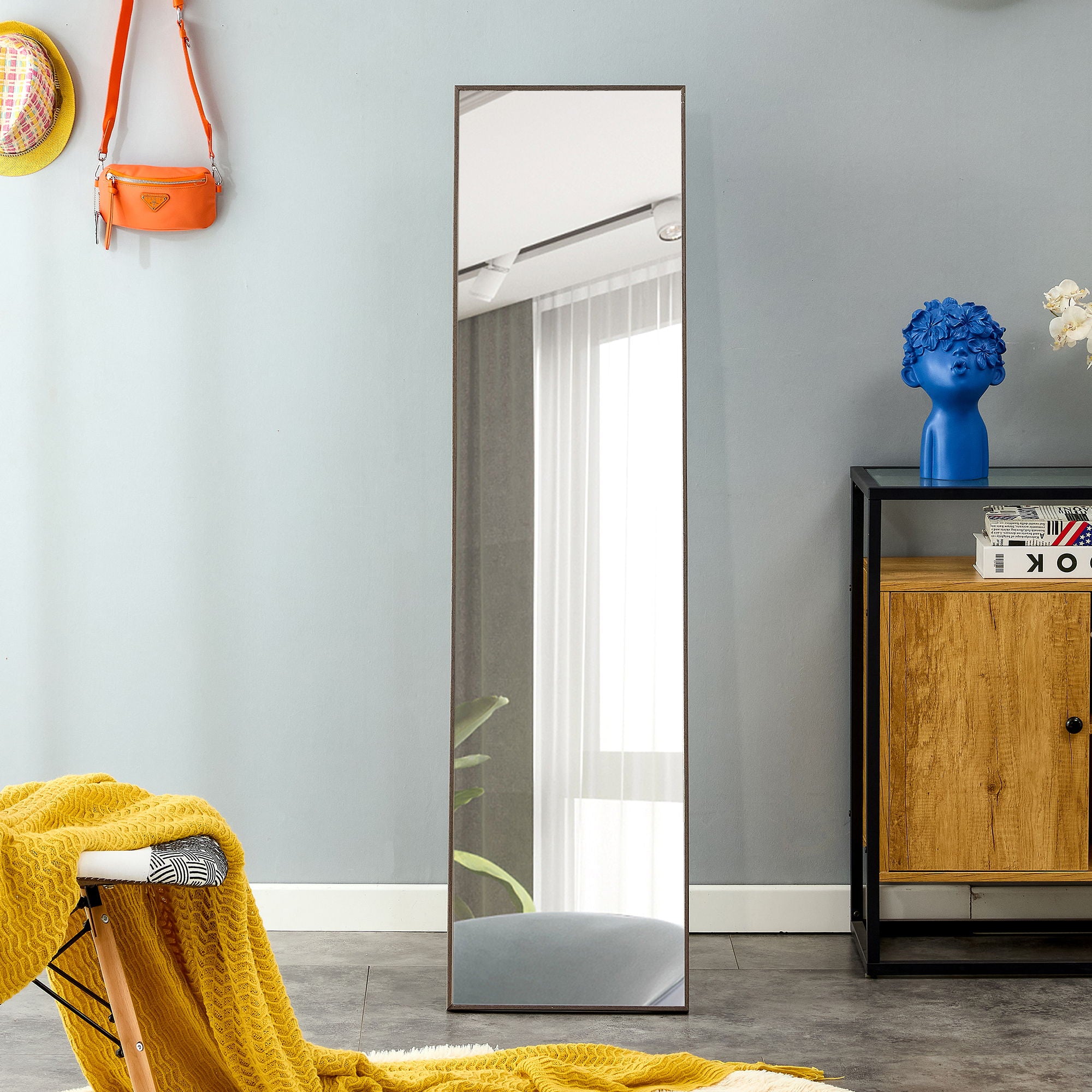 Solid Wood Frame Minimalist Mirror, Bathroom Bedroom Wall Mirror. Enhance Modern Interior Design - Gray / Transparent