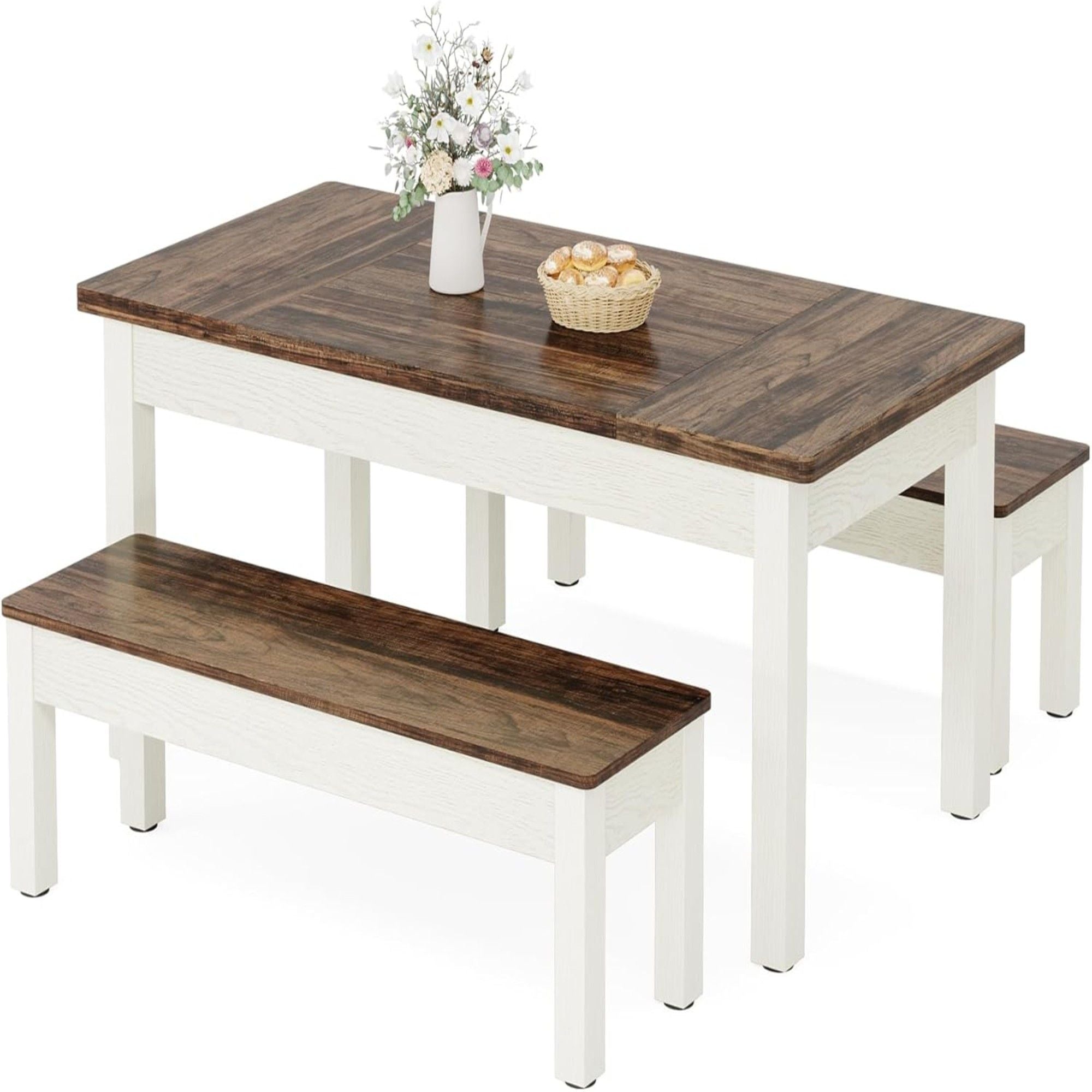 Dining Table Set For 4 - 6 With Tuck Under Benches - Brown / White