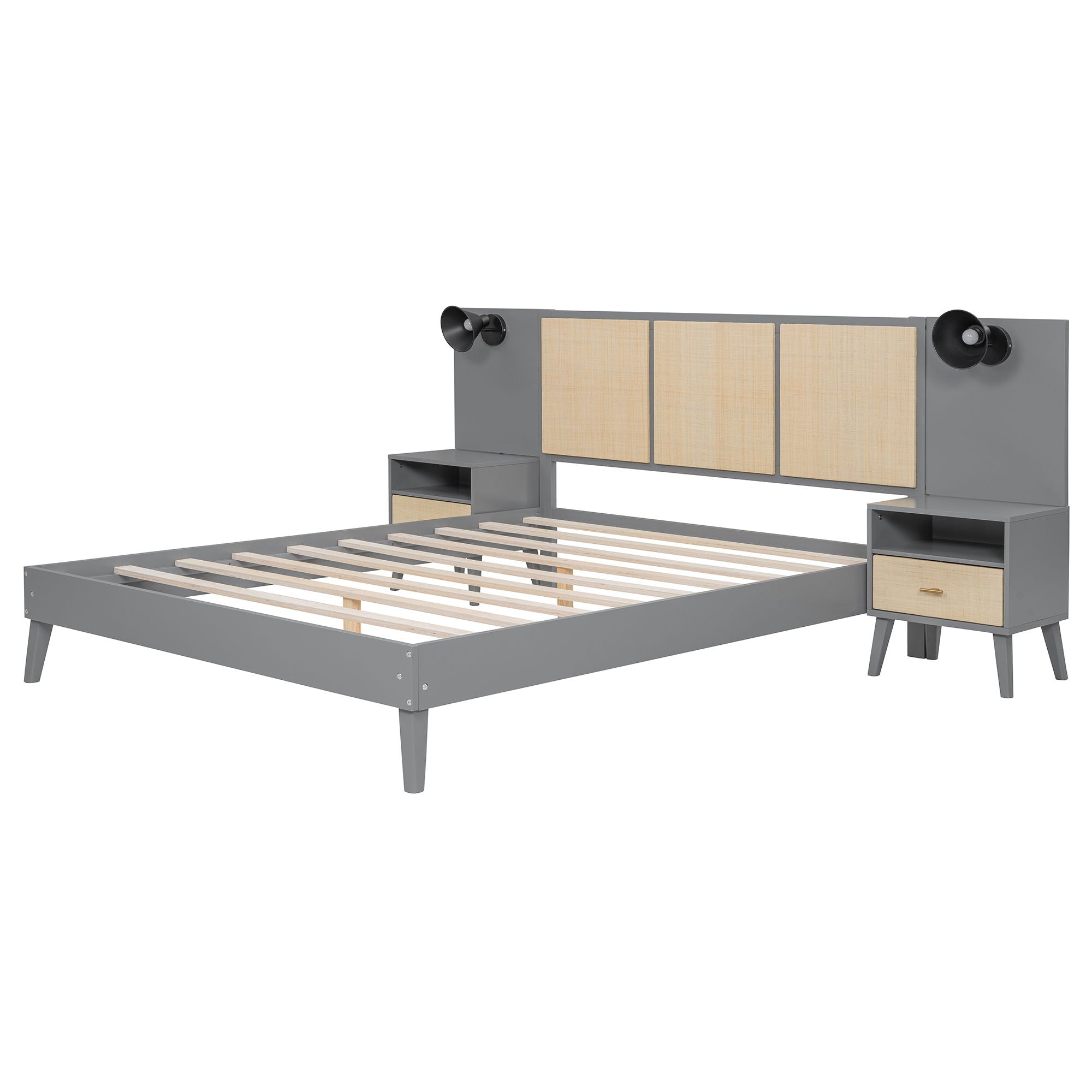 Bed Frame With 2 Nightstands Elegant Design With Lamps